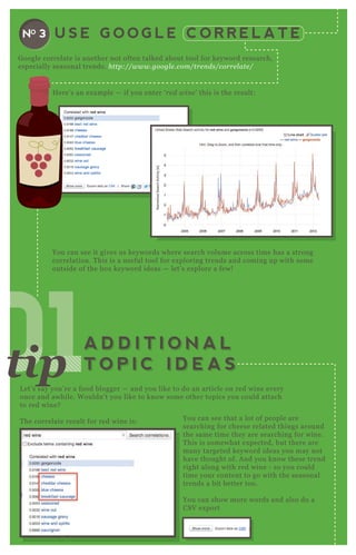 G oogle correlate is another not often talked about tool for keyword research,
especially seasonal trends. http://www.googl e .com/tre n ds/corre l ate /
H ere’ s an ex ample — if you enter ‘ re d win e ’ this is the result:
You can see it gives us keywords where search volume across time has a strong
correlation. T his is a useful tool for ex ploring trends and coming up with some
outside of the box keyword ideas — let’ s ex plore a few!
L et’ s say you’ re a food blogger — and you like to do an article on red wine every
once and awhile. W ouldn’ t you like to know some other topics you could attach
to red wine?
T he correlate result for red wine is: You can see that a lot of people are
searching for cheese related things around
the same time they are searching for wine.
T his is somewhat ex pected, but there are
many targeted keyword ideas you may not
have thought of. A nd you know these trend
right along with red wine - so you could
time your content to go with the seasonal
trends a bit better too.
You can show more words and also do a
CSV ex port
U S E G O O G L E C O R R E L A T ENO 3
010101010101A D D I T I O N A L
T O P I C I D E A S
A D D I T I O N A L
T O P I C I D E A Stip
 