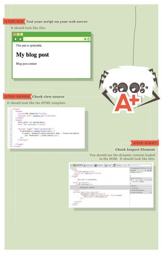 It should look like this:
Test your script on your web serverS T E P S I X
It should look like the H T M L template.
C heck view- sourceS T E P S E V E N
You should see the dynamic content loaded
in the D O M . It should look like this:
S T E P E I G H T
C heck I nspect Element
 