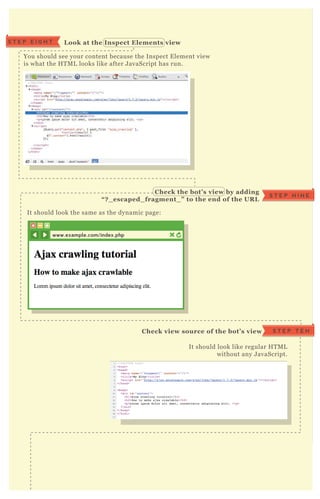 You should see your content because the Inspect E lement view
is what the H T M L looks like after J avaScript has run.
L ook at the I nspect Elements viewS T E P E I G H T
It should look the same as the dynamic page:
C heck the bot’ s view by adding
“ ? _ escaped_ fragment_ ” to the end of the UR L
S T E P N I N E
It should look like regular H T M L
without any J avaScript.
C heck view source of the bot’ s view S T E P T E N
C R O S S D O M A I N
R E L = C A N O N I C A L
NO 8
www.example.com/index.php
 