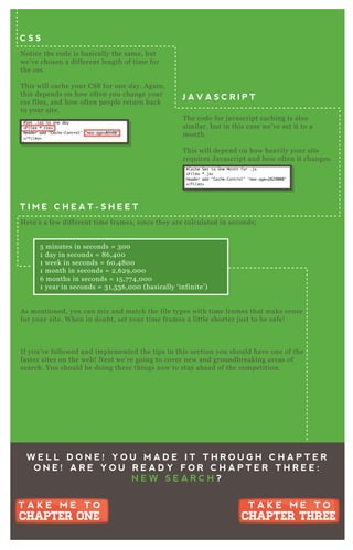 N otice the code is basically the same, but
we’ ve chosen a different length of time for
the css.
T his will cache your CSS for one day. A gain,
this depends on how often you change your
css files, and how often people return back
to your site.
T he code for j avascript caching is also
similar, but in this case we’ ve set it to a
month.
T his will depend on how heavily your site
req uires J avascript and how often it changes.
C S S
J A V A S C R I P T
T I M E C H E A T - S H E E T
H ere’ s a few different time frames, since they are calculated in seconds;
5 minutes in seconds = 3 0 0
1 day in seconds = 8 6 , 4 0 0
1 week in seconds = 6 0 , 4 8 0 0
1 month in seconds = 2 , 6 2 9 , 0 0 0
6 months in seconds = 1 5 , 7 7 4 , 0 0 0
1 year in seconds = 3 1 , 5 3 6 , 0 0 0 ( basically ‘ infinite’ )
A s mentioned, you can mix and match the file types with time frames that make sense
for your site. W hen in doubt, set your time frames a little shorter j ust to be safe!
If you’ ve followed and implemented the tips in this section you should have one of the
faster sites on the web! N ex t we’ re going to cover new and groundbreaking areas of
search. You should be doing these things now to stay ahead of the competition.
W E L L D O N E ! Y O U M A D E I T T H R O U G H C H A P T E R
O N E ! A R E Y O U R E A D Y F O R C H A P T E R T H R E E :
N E W S E A R C H ?
T A K E M E T O
CHAPTER THREE
T A K E M E T O
CHAPTER THREE
T A K E M E T O
CHAPTER ONE
T A K E M E T O
CHAPTER ONE
 