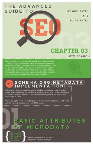 T H E A D V A N C E D
G U I D E T O
SEOSEOSEOSEOSEOSEOSEOSEOSEOSEOSEOSEOSEOSEOSEOSEOSEOSEOSEOSEOSEOSEOSEOSEOSEOSEOSEOSEOSEOSEOSEOSEOSEOSEOSEOSEOSEOSEOSEOSEOSEOSEOSEOSEOSEOSEOSEOSEOSEOSEOSEOSEOSEOSEOSEOSEOSEOSEOSEOSEOSEOSEOSEOSEOSEOSEOSEOSEOSEOSEOSEOSEOSEOSEOSEOSEOSEOSEO
0303
SEOSEOSEOSEOSEOSEOSEO
03
SEOSEOSEOSEOSEOSEOSEO
030303
SEO
03
SEO
03
SEO
03
SEOSEOSEOSEO
03
SEOSEOSEO
03
SEOSEOSEO
03
SEOSEOSEOSEOSEOSEOSEOSEOSEOSEO
03
SEOSEOSEOSEOSEOSEOSEO
03
SEOSEOSEOSEOSEOSEOSEO
03
SEOSEOSEOSEOSEOSEOSEO
CHAPTER 03
N E W S E A R C H
N ow your site is crawlable, index able and lightening fast.
T ime to ramp it up another notch with some new search
elements. Search is moving towards a more semantic “ real
to life” environment. T his means a world where engines
understand the relationships between real world obj ects
like people, places, movies, businesses etc. T ime to get on
board now and integrate this into your website!
Schema.org is a universal metadata markup introduced in 2 0 1 1 by the
maj or search engines. Its used to communicate to them the intended type
of content on your website. T here are still many people not taking full
advantage of this!
W e’ re going to cover several types of schema implementation, and how to
get the correct markup into your H T M L code.
T hese five elements are best
described with an ex ample.
I T E M S C O P E
I T E M T Y P E
I T E M P R O P
I T E M I D
I T E M R E F
S C H E M A . O R G M E T A D A T A
I M P L E M E N T A T I O N
NO 1
010101010101010101010101B A S I C A T T R I B U T E S
O F M I C R O D A T A
B A S I C A T T R I B U T E S
O F M I C R O D A T A
BY NEIL PATEL
AND
SUJAN PATEL
 