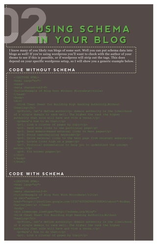 I know many of you likely run blogs of some sort. W ell you can put schema data into
blogs as well! If you’ re using wordpress you’ ll want to check with the author of your
theme to see if this is possible, or if wordpress will strip out the tags. T his does
depend on your specific wordpress setup, so I will show you a generic ex ample below.
C O D E W I T H O U T S C H E M A
<! D O C T Y PE H T ML >
<html lang="en">
<head>
<meta charset=utf-8>
<title>Ex ample of B log Post Without Microdata</title>
</head>
<body>
<div>
<h1>A C heat Sheet for B uilding H igh R anking Authority… Without
C heating</h1>
<p>F irst, let’ s define authority: domain authority is the likelihood
of a single domain to rank well. T he higher the rank the higher
authority that site will have and vice a versa.</p>
<p>H ere’ s how to do that:</p>
<p>1. L ink a cluster of pages by topic</p>
<p>2. Send more links to one particular page</p>
<p>3. Send domain-based ex ternal links to hero pages</p>
<p>4. Avoid cannibaliz ing keywords</p>
<p>5 . D rive ex ternal links to the hero page from relevant website</p>
<p>6. L ocate links high on a page</p>
<p>7 . Pictorial presentation to help you to understand the concept
better.</p>
<p>8. F ix broken pages</p>
</div>
</body>
</html>
C O D E W I T H S C H E M A
<! D O C T Y PE H T ML >
<html lang="en">
<head>
<meta charset=utf-8>
<title>Ex ample of B log Post With Microdata</title>
<a rel="author"
href="https://profiles.google.com/10307 4333439002308043/about">B idhan
C hatterj ee</a> </head>
<body>
<div itemscope itemtype="http://schema.org/B log">
<h1>A C heat Sheet for B uilding H igh R anking Authority… Without
C heating</h1>
<p>F irst, let’ s define authority: domain authority is the likelihood
of a single domain to rank well. T he higher the rank the higher
authority that site will have and vice a versa.</p>
<p>H ere’ s how to do that:</p>
<p>1. L ink a cluster of pages by topic</p>
020202020202020202020202U S I N G S C H E M A
I N Y O U R B L O G
U S I N G S C H E M A
I N Y O U R B L O G
 