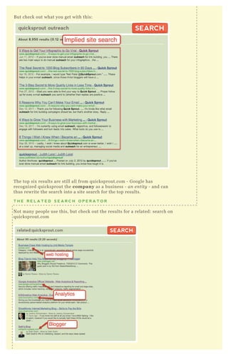 B ut check out what you get with this:
T he top six results are still all from q uicksprout.com - G oogle has
recognized q uicksprout the company as a business - an e n tity - and can
thus rewrite the search into a site search for the top results.
T H E R E L A T E D S E A R C H O P E R A T O R
N ot many people use this, but check out the results for a related: search on
q uicksprout.com
related:quicksprout.com
About 90 results (0.20 seconds)
SEARCHSEARCH
quicksprout outreach
About 8,950 results (0.12 seconds)
SEARCHSEARCH
About 8,950 results (0.12 seconds)
related:quicksprout.com
About 90 results (0.20 seconds)
SEARCH
 