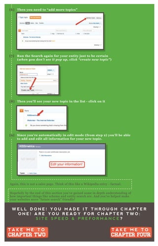 W E L L D O N E ! Y O U M A D E I T T H R O U G H C H A P T E R
O N E ! A R E Y O U R E A D Y F O R C H A P T E R T W O :
S I T E S P E E D & P R E F O R M A N C E ?
T A K E M E T O
CHAPTER TWO
T A K E M E T O
CHAPTER TWO
T A K E M E T O
CHAPTER FOUR
T A K E M E T O
CHAPTER FOUR
A gain, this is not a sales page. T hink of this like a W ikipedia entry - factual.
H opefully by the end of this section you’ ve gained some in depth understanding of
how important things like schema and entity search are. A nd you’ ve helped make
your websites more “ future search” friendly!
[6 ] Then you need to “ add more topics”
[7 ] R un the S earch again for your entity j ust to be certain
( when you don’ t see it p op up , click “ create new top ic” )
[8 ] Then you’ ll see your new topic in the list - click on it
[9 ] S ince you’ re automatically in edit mode ( from step 2) you’ ll be able
to add and edit all information for your new topic.
A gain, this is not a sales page. T hink of this like a W ikipedia entry - factual.
H opefully by the end of this section you’ ve gained some in depth understanding of
how important things like schema and entity search are. A nd you’ ve helped make
 