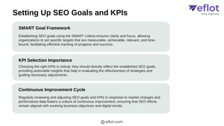 Setting Up SEO Goals and KPIs
SMART Goal Framework
KPI Selection Importance
Continuous Improvement Cycle
Establishing SEO goals using the SMART criteria ensures clarity and focus, allowing
organizations to set specific targets that are measurable, achievable, relevant, and time-
bound, facilitating effective tracking of progress and success.
Choosing the right KPIs is critical; they should directly reflect the established SEO goals,
providing actionable insights that help in evaluating the effectiveness of strategies and
guiding necessary adjustments.
Regularly reviewing and adjusting SEO goals and KPIs in response to market changes and
performance data fosters a culture of continuous improvement, ensuring that SEO efforts
remain aligned with evolving business objectives and digital trends.
eflot.com
 