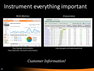 Instrument everything important Web Metrics Conversion Customer Information! http://google.com/analytics http://adcenter.microsoft.com/analytics http://google.com/websiteoptimizer 