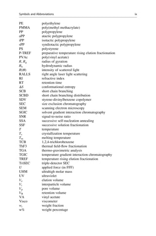 PE polyethylene
PMMA poly(methyl methacrylate)
PP polypropylene
aPP atactic polypropylene
iPP isotactic polypropylene
sPP syndiotactic polypropylene
PS polystyrene
P-TREF preparative temperature rising elution fractionation
PVAc poly(vinyl acetate)
R, Rg radius of gyration
Rh hydrodynamic radius
R(Θ) intensity of scattered light
RALLS right angle laser light scattering
RI refractive index
RT retention time
ΔS conformational entropy
SCB short chain branching
SCBD short chain branching distribution
SDV styrene-divinylbenzene copolymer
SEC size exclusion chromatography
SEM scanning electron microscopy
SGIC solvent gradient interaction chromatography
SNR signal-to-noise ratio
SSA successive self-nucleation annealing
SSF successive solution fractionation
T temperature
Tc crystallization temperature
Tm melting temperature
TCB 1,2,4-trichlorobenzene
ThF3 thermal ﬁeld-ﬂow fractionation
TGA thermo-gravimetric analysis
TGIC temperature gradient interaction chromatography
TREF temperature rising elution fractionation
TriSEC triple-detector SEC
U applied force (in FFF)
UHM ultrahigh molar mass
UV ultraviolet
Ve elution volume
Vi interparticle volume
Vp pore volume
VR retention volume
VA vinyl acetate
Visco viscometer
wi weight fraction
w% weight percentage
Symbols and Abbreviations ix
 