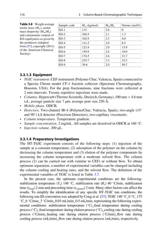 3.3.1.3 Equipment
• TGIC instrument. CEF instrument (Polymer Char, Valencia, Spain) connected to
a Spectra Chrom model CF-1 fraction collector (Spectrum Chromatography,
Houston, USA). For the prep fractionations, nine fractions were collected at
2 min intervals. Twenty repetitive injections were made.
• Columns. Hypercarb (Thermo Scientiﬁc, Dreieich, Germany), 100 mm Â 4.6 mm
i.d., average particle size 7 μm, average pore size 250 A˚ .
• Mobile phase. ODCB.
• Detectors. Two-channel IR-4 (PolymerChar, Valencia, Spain), two-angle (15
and 90
) LS detector (Precision Detectors), two-capillary viscometer.
• Column temperature. Temperature gradient.
• Sample concentration. 2 mg/mL. All samples are dissolved in ODCB at 160 
C.
• Injection volume. 200 μL.
3.3.1.4 Preparatory Investigations
The HT-TGIC experiment consists of the following steps: (1) injection of the
sample at a constant temperature, (2) adsorption of the polymer on the column by
decreasing the column temperature and (3) elution of the polymer components by
increasing the column temperature with a moderate solvent ﬂow. The column
process (2) can be carried out with (similar to CEF) or without ﬂow. To obtain
optimum separation, a number of experimental variables can be changed including
the column cooling and heating rates, and the solvent ﬂow. The deﬁnition of the
experimental variables of TGIC is listed in Table 3.7.
In the present case, the optimum experimental conditions are the following:
stabilization temperature (Ts) 140 
C, stabilization rate (Rs) 40 
C/min, stabilization
time (tloop) 2 min and precooling time (tcolumn) 2 min. Many other factors can affect the
results. To simplify the identiﬁcation of any speciﬁc HT-TGIC run conditions, the
following run-ID convention was adopted by Cong et al. [57]: TGIC 140 
C_0 
C_175

C_6 
C/min_3 
C/min_0.03 mL/min_0.5 mL/min, representing the following experi-
mental conditions: stabilization temperature (
C)_ﬁnal temperature during cooling
process (
C)_ﬁnal temperature during elution process (
C)_cooling rate during cooling
process (
C/min)_heating rate during elution process (
C/min)_ﬂow rate during
cooling process (mL/min)_ﬂow rate during elution process (mL/min), respectively.
Table 3.8 Weight average
molar mass (Mw), molar
mass dispersity (Mw/Mn)
and comonomer content of
EO copolymers as given by
the producers (adapted
from [57], copyright (2011)
of the American Chemical
Society)
Sample code Mw (kg/mol) Mw/Mn Octene (mol%)
EO-1 115 2.6 0
EO-2 104.5 2.1 1.3
EO-3 102.9 2.3 4.0
EO-4 111.2 2.0 8.5
EO-5 123.4 2.0 13.9
EO-6 159.9 2.6 19.0
EO-7 174.5 2.6 21.7
EO-8 235.7 3.3 32.5
EO-9 39.6 2.0 50.7
116 3 Column-Based Chromatographic Techniques
 