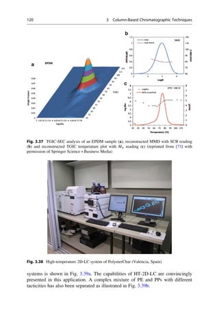 systems is shown in Fig. 3.39a. The capabilities of HT-2D-LC are convincingly
presented in this application. A complex mixture of PE and PPs with different
tacticities has also been separated as illustrated in Fig. 3.39b.
Fig. 3.37 TGIC-SEC analysis of an EPDM sample (a), reconstructed MMD with SCB reading
(b) and reconstructed TGIC temperature plot with Mw reading (c) (reprinted from [73] with
permission of Springer Science + Business Media)
Fig. 3.38 High-temperature 2D-LC system of PolymerChar (Valencia, Spain)
120 3 Column-Based Chromatographic Techniques
 