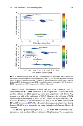 Ginzburg et al. [106] demonstrated that both axes of the contour plot may be
calibrated for the HT-2D-LC separation of EVA copolymers. PE standards were
used to calibrate the SEC separation, while EVA copolymers with known VA
content were utilized for calibration of HPLC. Moreover, the utilization of TCB
as mobile phase in coupling of HPLC to SEC enables the application of RI, IR,
Visco or LS detectors as was demonstrated by Lee et al. for the 2D-LC separation of
EP and EO copolymers [109]. The calculation of molar masses of polymers eluting
from the 2D-LC system was carried out on the basis of signals from the IR and LS
detectors.
The different separation principles of 2D-LC and TREF-SEC resulted in dissim-
ilar contour plots as obtained from both types of hyphenations. The separation in
Fig. 3.39 Contour diagram of the HT-2D-LC separation of (a) a blend of PE, poly-1-hexene and
an ethylene-1-hexene copolymer and (b) a blend of PE and PPs with different tacticities; stationary
phase: Hypercarb (ﬁrst dimension) and PL Rapide H (second dimension); mobile phase: gradient
1-decanol/TCB (ﬁrst dimension) and TCB (second dimension); temperature: 160 
C; detector:
ELSD (reprinted from [107] with permission of Elsevier Limited)
3.4 Two-Dimensional Liquid Chromatography 121
 