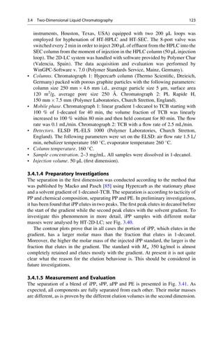 instruments, Houston, Texas, USA) equipped with two 200 μL loops was
employed for hyphenation of HT-HPLC and HT-SEC. The 8-port valve was
switched every 2 min in order to inject 200 μL of efﬂuent from the HPLC into the
SEC column from the moment of injection in the HPLC column (50 μL injection
loop). The 2D-LC system was handled with software provided by Polymer Char
(Valencia, Spain). The data acquisition and evaluation was performed by
WinGPC-Software v. 7.0 (Polymer Standards Service, Mainz, Germany).
• Columns. Chromatograph 1: Hypercarb column (Thermo Scientiﬁc, Dreieich,
Germany) packed with porous graphite particles with the following parameters:
column size 250 mm Â 4.6 mm i.d., average particle size 5 μm, surface area
120 m2
/g, average pore size 250 A˚ . Chromatograph 2: PL Rapide H,
150 mm Â 7.5 mm (Polymer Laboratories, Church Stretton, England).
• Mobile phase. Chromatograph 1: linear gradient 1-decanol to TCB starting with
100 % of 1-decanol for 40 min, the volume fraction of TCB was linearly
increased to 100 % within 80 min and then held constant for 80 min. The ﬂow
rate was 0.1 mL/min. Chromatograph 2: TCB with a ﬂow rate of 2.5 mL/min.
• Detectors. ELSD PL-ELS 1000 (Polymer Laboratories, Church Stretton,
England). The following parameters were set on the ELSD: air ﬂow rate 1.5 L/
min, nebulizer temperature 160 
C, evaporator temperature 260 
C.
• Column temperature. 160 
C.
• Sample concentration. 2–3 mg/mL. All samples were dissolved in 1-decanol.
• Injection volume. 50 μL (ﬁrst dimension).
3.4.1.4 Preparatory Investigations
The separation in the ﬁrst dimension was conducted according to the method that
was published by Macko and Pasch [85] using Hypercarb as the stationary phase
and a solvent gradient of 1-decanol-TCB. The separation is according to tacticity of
PP and chemical composition, separating PP and PE. In preliminary investigations,
it has been found that iPP elutes in two peaks. The ﬁrst peak elutes in decanol before
the start of the gradient while the second peak elutes with the solvent gradient. To
investigate this phenomenon in more detail, iPP samples with different molar
masses were analysed by HT-2D-LC; see Fig. 3.40.
The contour plots prove that in all cases the portion of iPP, which elutes in the
gradient, has a larger molar mass than the fraction that elutes in 1-decanol.
Moreover, the higher the molar mass of the injected iPP standard, the larger is the
fraction that elutes in the gradient. The standard with Mw 350 kg/mol is almost
completely retained and elutes mostly with the gradient. At present it is not quite
clear what the reason for the elution behaviour is. This should be considered in
future investigations.
3.4.1.5 Measurement and Evaluation
The separation of a blend of iPP, sPP, aPP and PE is presented in Fig. 3.41. As
expected, all components are fully separated from each other. Their molar masses
are different, as is proven by the different elution volumes in the second dimension.
3.4 Two-Dimensional Liquid Chromatography 123
 