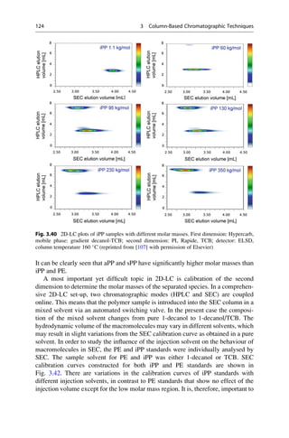 It can be clearly seen that aPP and sPP have signiﬁcantly higher molar masses than
iPP and PE.
A most important yet difﬁcult topic in 2D-LC is calibration of the second
dimension to determine the molar masses of the separated species. In a comprehen-
sive 2D-LC set-up, two chromatographic modes (HPLC and SEC) are coupled
online. This means that the polymer sample is introduced into the SEC column in a
mixed solvent via an automated switching valve. In the present case the composi-
tion of the mixed solvent changes from pure 1-decanol to 1-decanol/TCB. The
hydrodynamic volume of the macromolecules may vary in different solvents, which
may result in slight variations from the SEC calibration curve as obtained in a pure
solvent. In order to study the inﬂuence of the injection solvent on the behaviour of
macromolecules in SEC, the PE and iPP standards were individually analysed by
SEC. The sample solvent for PE and iPP was either 1-decanol or TCB. SEC
calibration curves constructed for both iPP and PE standards are shown in
Fig. 3.42. There are variations in the calibration curves of iPP standards with
different injection solvents, in contrast to PE standards that show no effect of the
injection volume except for the low molar mass region. It is, therefore, important to
Fig. 3.40 2D-LC plots of iPP samples with different molar masses. First dimension: Hypercarb,
mobile phase: gradient decanol-TCB; second dimension: PL Rapide, TCB; detector: ELSD,
column temperature 160 
C (reprinted from [107] with permission of Elsevier)
124 3 Column-Based Chromatographic Techniques
 