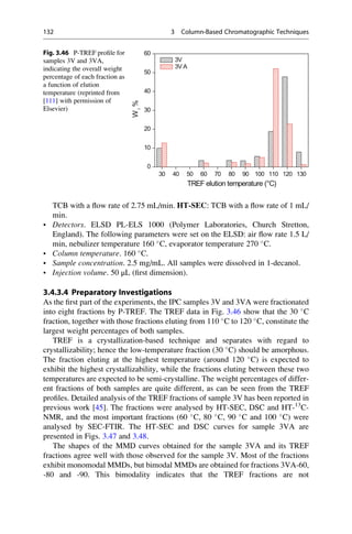 TCB with a ﬂow rate of 2.75 mL/min. HT-SEC: TCB with a ﬂow rate of 1 mL/
min.
• Detectors. ELSD PL-ELS 1000 (Polymer Laboratories, Church Stretton,
England). The following parameters were set on the ELSD: air ﬂow rate 1.5 L/
min, nebulizer temperature 160 
C, evaporator temperature 270 
C.
• Column temperature. 160 
C.
• Sample concentration. 2.5 mg/mL. All samples were dissolved in 1-decanol.
• Injection volume. 50 μL (ﬁrst dimension).
3.4.3.4 Preparatory Investigations
As the ﬁrst part of the experiments, the IPC samples 3V and 3VA were fractionated
into eight fractions by P-TREF. The TREF data in Fig. 3.46 show that the 30 
C
fraction, together with those fractions eluting from 110 
C to 120 
C, constitute the
largest weight percentages of both samples.
TREF is a crystallization-based technique and separates with regard to
crystallizability; hence the low-temperature fraction (30 
C) should be amorphous.
The fraction eluting at the highest temperature (around 120 
C) is expected to
exhibit the highest crystallizability, while the fractions eluting between these two
temperatures are expected to be semi-crystalline. The weight percentages of differ-
ent fractions of both samples are quite different, as can be seen from the TREF
proﬁles. Detailed analysis of the TREF fractions of sample 3V has been reported in
previous work [45]. The fractions were analysed by HT-SEC, DSC and HT-13
C-
NMR, and the most important fractions (60 
C, 80 
C, 90 
C and 100 
C) were
analysed by SEC-FTIR. The HT-SEC and DSC curves for sample 3VA are
presented in Figs. 3.47 and 3.48.
The shapes of the MMD curves obtained for the sample 3VA and its TREF
fractions agree well with those observed for the sample 3V. Most of the fractions
exhibit monomodal MMDs, but bimodal MMDs are obtained for fractions 3VA-60,
-80 and -90. This bimodality indicates that the TREF fractions are not
30 40 50 60 70 80 90 100 110 120 130
0
10
20
30
40
50
60
Wi
%
TREF elution temperature (°C)
3V
3V A
Fig. 3.46 P-TREF proﬁle for
samples 3V and 3VA,
indicating the overall weight
percentage of each fraction as
a function of elution
temperature (reprinted from
[111] with permission of
Elsevier)
132 3 Column-Based Chromatographic Techniques
 
