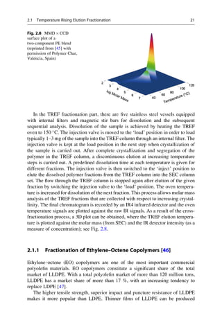In the TREF fractionation part, there are ﬁve stainless steel vessels equipped
with internal ﬁlters and magnetic stir bars for dissolution and the subsequent
sequential analysis. Dissolution of the sample is achieved by heating the TREF
oven to 150 
C. The injection valve is moved to the ‘load’ position in order to load
typically 1–3 mg of the sample into the TREF column through an internal ﬁlter. The
injection valve is kept at the load position in the next step when crystallization of
the sample is carried out. After complete crystallization and segregation of the
polymer in the TREF column, a discontinuous elution at increasing temperature
steps is carried out. A predeﬁned dissolution time at each temperature is given for
different fractions. The injection valve is then switched to the ‘inject’ position to
elute the dissolved polymer fractions from the TREF column into the SEC column
set. The ﬂow through the TREF column is stopped again after elution of the given
fraction by switching the injection valve to the ‘load’ position. The oven tempera-
ture is increased for dissolution of the next fraction. This process allows molar mass
analysis of the TREF fractions that are collected with respect to increasing crystal-
linity. The ﬁnal chromatogram is recorded by an IR4 infrared detector and the oven
temperature signals are plotted against the raw IR signals. As a result of the cross-
fractionation process, a 3D plot can be obtained, where the TREF elution tempera-
ture is plotted against the molar mass (from SEC) and the IR detector intensity (as a
measure of concentration); see Fig. 2.8.
2.1.1 Fractionation of Ethylene–Octene Copolymers [46]
Ethylene–octene (EO) copolymers are one of the most important commercial
polyoleﬁn materials. EO copolymers constitute a signiﬁcant share of the total
market of LLDPE. With a total polyoleﬁn market of more than 120 million tons,
LLDPE has a market share of more than 17 %, with an increasing tendency to
replace LDPE [47].
The higher tensile strength, superior impact and puncture resistance of LLDPE
makes it more popular than LDPE. Thinner ﬁlms of LLDPE can be produced
Fig. 2.8 MMD Â CCD
surface plot of a
two-component PE blend
(reprinted from [45] with
permission of Polymer Char,
Valencia, Spain)
2.1 Temperature Rising Elution Fractionation 21
 