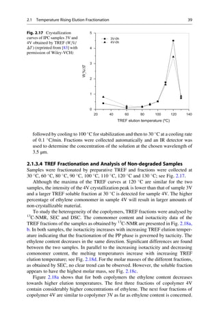 followed by cooling to 100 
C for stabilization and then to 30 
C at a cooling rate
of 0.1 
C/min. Fractions were collected automatically and an IR detector was
used to determine the concentration of the solution at the chosen wavelength of
3.5 μm.
2.1.3.4 TREF Fractionation and Analysis of Non-degraded Samples
Samples were fractionated by preparative TREF and fractions were collected at
30 
C, 60 
C, 80 
C, 90 
C, 100 
C, 110 
C, 120 
C and 130 
C; see Fig. 2.17.
Although the maxima of the TREF curves at 120 
C are similar for the two
samples, the intensity of the 4V crystallization peak is lower than that of sample 3V
and a larger TREF soluble fraction at 30 
C is detected for sample 4V. The higher
percentage of ethylene comonomer in sample 4V will result in larger amounts of
non-crystallizable material.
To study the heterogeneity of the copolymers, TREF fractions were analysed by
13
C-NMR, SEC and DSC. The comonomer content and isotacticity data of the
TREF fractions of the samples as obtained by 13
C-NMR are presented in Fig. 2.18a,
b. In both samples, the isotacticity increases with increasing TREF elution temper-
ature indicating that the fractionation of the PP phase is governed by tacticity. The
ethylene content decreases in the same direction. Signiﬁcant differences are found
between the two samples. In parallel to the increasing isotacticity and decreasing
comonomer content, the melting temperatures increase with increasing TREF
elution temperature; see Fig. 2.18d. For the molar masses of the different fractions,
as obtained by SEC, no clear trend can be observed. However, the soluble fraction
appears to have the highest molar mass, see Fig. 2.18c.
Figure 2.18a shows that for both copolymers the ethylene content decreases
towards higher elution temperatures. The ﬁrst three fractions of copolymer 4V
contain considerably higher concentrations of ethylene. The next four fractions of
copolymer 4V are similar to copolymer 3V as far as ethylene content is concerned.
20 40 60 80 100 120 140
0
1
2
3
4
5
3V-0h
4V-0h
Wi
%/DT
TREF elution temperature (ºC)
Fig. 2.17 Crystallization
curves of IPC samples 3V and
4V obtained by TREF (Wi%/
ΔT) (reprinted from [83] with
permission of Wiley-VCH)
2.1 Temperature Rising Elution Fractionation 39
 