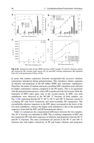 It seems that random copolymer fractions incorporated the excessive ethylene
comonomer introduced during polymerization. This introduces shorter segments
of ethylene and propylene in the EP rubber (EPR) and ‘transition’ copolymers.
Therefore, the nature of random and semi-crystalline EPCs should be more affected
by higher comonomer contents compared to the PP matrix. This is in agreement
with the polymerization process, where iPP is produced in the ﬁrst reactor while the
formation of EPCs takes place only in the second reactor. In DSC, two melt
endotherms were observed in the 60–100 
C fractions of both samples, see
Fig. 2.18d, indicating that the 60 
C, 80 
C, 90 
C and 100 
C fractions consist of
co-eluting PP with lower isotacticity and semi-crystalline EP copolymers. The
crystallizable ethylene sequences in the EPC phase correspond to the lower of the
two melt endotherms, whereas the higher melt endotherm is due to the propylene
sequences from both the EPC and PP homopolymer phases.
Table 2.4 summarizes the compositional differences between the two samples.
The 30 
C fraction was identiﬁed as EPR. The co-eluting components of EPC and
low isotacticity PP with short sequences of ethylene and propylene form the 60 
C
and 80 
C fractions. The same constituents are present in the 90 
C and 100 
C
fractions but with higher isotacticity of PP and longer ethylene and propylene
0
10
20
30
40
50
60
70
20 40 60 80 100 120 140
0
10
20
30
40
50
Wi
%
TREF elution temperature (ºC)
Wi
%_3V-0h
Wi
%_4V-0h
[Et]_3V-0h
[Et]_4V-0h
Ethylenecontent(mole%)
0
20
40
60
80
100
40 60 80 100 120
0
10
20
30
40
50
Isotacticity(%mmmm)
Wi
%_3V-0h
Wi
%_4V-0h
Isotacticity _3V-0h
Isotacticity _4V-0h
Wi
(%)
TREF elution temperature (ºC)
20 40 60 80 100 120
0
100000
200000
300000
400000
500000
600000
700000
800000 3V-0h
4V-0h
Mw
(g.mol
-1
)
TREF elution temperature (ºC)
60 80 100 120
90
100
110
120
130
140
150
160
3V-0h (lower melting)
3V-0h (higher melting)
4V-0h (lower melting)
4V-0h (higher melting)
Tm
(ºC)
TREF elution temperature (ºC)
a b
c d
Fig. 2.18 Analytical results for the TREF fractions of IPC samples 3V and 4V, ethylene content
(a), isotacticity (b), average molar masses Mw (c) and DSC melting temperatures (d) (reprinted
from [83] with permission of Wiley-VCH)
40 2 Crystallization-Based Fractionation Techniques
 