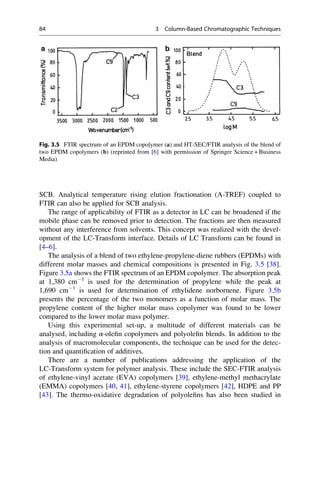 SCB. Analytical temperature rising elution fractionation (A-TREF) coupled to
FTIR can also be applied for SCB analysis.
The range of applicability of FTIR as a detector in LC can be broadened if the
mobile phase can be removed prior to detection. The fractions are then measured
without any interference from solvents. This concept was realized with the devel-
opment of the LC-Transform interface. Details of LC Transform can be found in
[4–6].
The analysis of a blend of two ethylene-propylene-diene rubbers (EPDMs) with
different molar masses and chemical compositions is presented in Fig. 3.5 [38].
Figure 3.5a shows the FTIR spectrum of an EPDM copolymer. The absorption peak
at 1,380 cmÀ1
is used for the determination of propylene while the peak at
1,690 cmÀ1
is used for determination of ethylidene norbornene. Figure 3.5b
presents the percentage of the two monomers as a function of molar mass. The
propylene content of the higher molar mass copolymer was found to be lower
compared to the lower molar mass polymer.
Using this experimental set-up, a multitude of different materials can be
analysed, including α-oleﬁn copolymers and polyoleﬁn blends. In addition to the
analysis of macromolecular components, the technique can be used for the detec-
tion and quantiﬁcation of additives.
There are a number of publications addressing the application of the
LC-Transform system for polymer analysis. These include the SEC-FTIR analysis
of ethylene-vinyl acetate (EVA) copolymers [39], ethylene-methyl methacrylate
(EMMA) copolymers [40, 41], ethylene-styrene copolymers [42], HDPE and PP
[43]. The thermo-oxidative degradation of polyoleﬁns has also been studied in
Fig. 3.5 FTIR spectrum of an EPDM copolymer (a) and HT-SEC/FTIR analysis of the blend of
two EPDM copolymers (b) (reprinted from [6] with permission of Springer Science + Business
Media)
84 3 Column-Based Chromatographic Techniques
 
