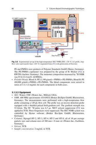 PE and PMMA were products of Polymer Standards GmbH (Mainz, Germany).
The PE-PMMA copolymer was prepared by the group of H. Ho¨cker [52] at
RWTH (Aachen, Germany). The monomer composition measured by 1
H-NMR
was 87.6:12.4 mol% (E/MMA).
• Polymer blends. Blend A: PE (1,100 g/mol) + PMMA + PE-PMMA, Blend B: PE
(60,000 g/mol) + PMMA + PE-PMMA. The blend components were mixed in
ratios of 1:1:1 (2 mg/mL for each component) in both cases.
3.1.3.3 Equipment
• SEC. Waters 150C (Waters Inc., Milford, USA).
• NMR. 400 MHz spectrometer AVANCE (Bruker BioSpin GmbH, Rheinstetten,
Germany). The measurements were performed with a high-temperature ﬂow
probe containing a 120 μL ﬂow cell. The probe was an inverse detection probe
equipped with a shielded pulsed ﬁeld-gradient coil. The gradient strength was
53 G/cm. The 90 1
H pulse was 6.7 μs. WET solvent suppression [53] was
applied to TCB. Three frequencies were suppressed. The SEC-NMR system was
controlled by Hystar software (Bruker Bio-Spin GmbH, Rheinstetten,
Germany).
• Columns. Styragel HT-2, HT-3, HT-4, HT-5 and HT-6, all of 10 μm average
particle size, and column sizes of 300 mm Â 8 mm i.d. (Waters Inc., Eschborn,
Germany).
• Solvent. TCB.
• Sample concentration. 2 mg/mL in TCB.
Fig. 3.6 Experimental set-up of the high-temperature SEC-NMR (SEC: 130 
C; LC probe, stop-
ﬂow valve and transfer lines: 120 
C) (reprinted from [51] with permission of Elsevier)
86 3 Column-Based Chromatographic Techniques
 