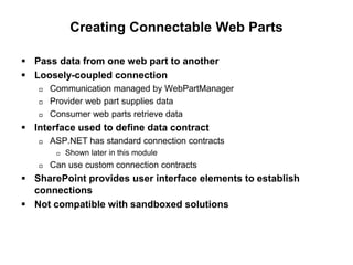 Creating Connectable Web Parts
 Pass data from one web part to another
 Loosely-coupled connection
 Communication managed by WebPartManager
 Provider web part supplies data
 Consumer web parts retrieve data
 Interface used to define data contract
 ASP.NET has standard connection contracts
 Shown later in this module
 Can use custom connection contracts
 SharePoint provides user interface elements to establish
connections
 Not compatible with sandboxed solutions
 