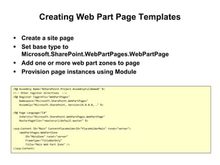 Creating Web Part Page Templates
 Create a site page
 Set base type to
Microsoft.SharePoint.WebPartPages.WebPartPage
 Add one or more web part zones to page
 Provision page instances using Module
<%@ Assembly Name="$SharePoint.Project.AssemblyFullName$" %>
<!-- Other register directives -->
<%@ Register Tagprefix="WebPartPages"
Namespace="Microsoft.SharePoint.WebPartPages"
Assembly="Microsoft.SharePoint, Version=14.0.0.0, …" %>
<%@ Page Language="C#"
Inherits="Microsoft.SharePoint.WebPartPages.WebPartPage"
MasterPageFile="~masterurl/default.master" %>
<asp:Content ID="Main" ContentPlaceHolderID="PlaceHolderMain" runat="server">
<WebPartPages:WebPartZone
ID="MainZone" runat="server"
FrameType="TitleBarOnly"
Title="Main Web Part Zone" />
</asp:Content>
 