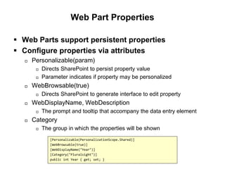 Web Part Properties
 Web Parts support persistent properties
 Configure properties via attributes
 Personalizable(param)
 Directs SharePoint to persist property value
 Parameter indicates if property may be personalized
 WebBrowsable(true)
 Directs SharePoint to generate interface to edit property
 WebDisplayName, WebDescription
 The prompt and tooltip that accompany the data entry element
 Category
 The group in which the properties will be shown
[Personalizable(PersonalizationScope.Shared)]
[WebBrowsable(true)]
[WebDisplayName("Year")]
[Category("Pluralsight")]
public int Year { get; set; }
 