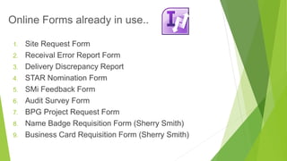 1.Site Request Form 
2.Receival Error Report Form 
3.Delivery Discrepancy Report 
4.STAR Nomination Form 
5.SMi Feedback Form 
6.Audit Survey Form 
7.BPG Project Request Form 
8.Name Badge Requisition Form (Sherry Smith) 
9.Business Card Requisition Form (Sherry Smith) 
Online Forms already in use..  