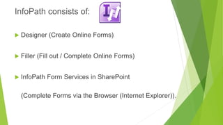 Designer (Create Online Forms) 
Filler (Fill out / Complete Online Forms) 
InfoPath Form Services in SharePoint(Complete Forms via the Browser (Internet Explorer)). 
InfoPath consists of:  