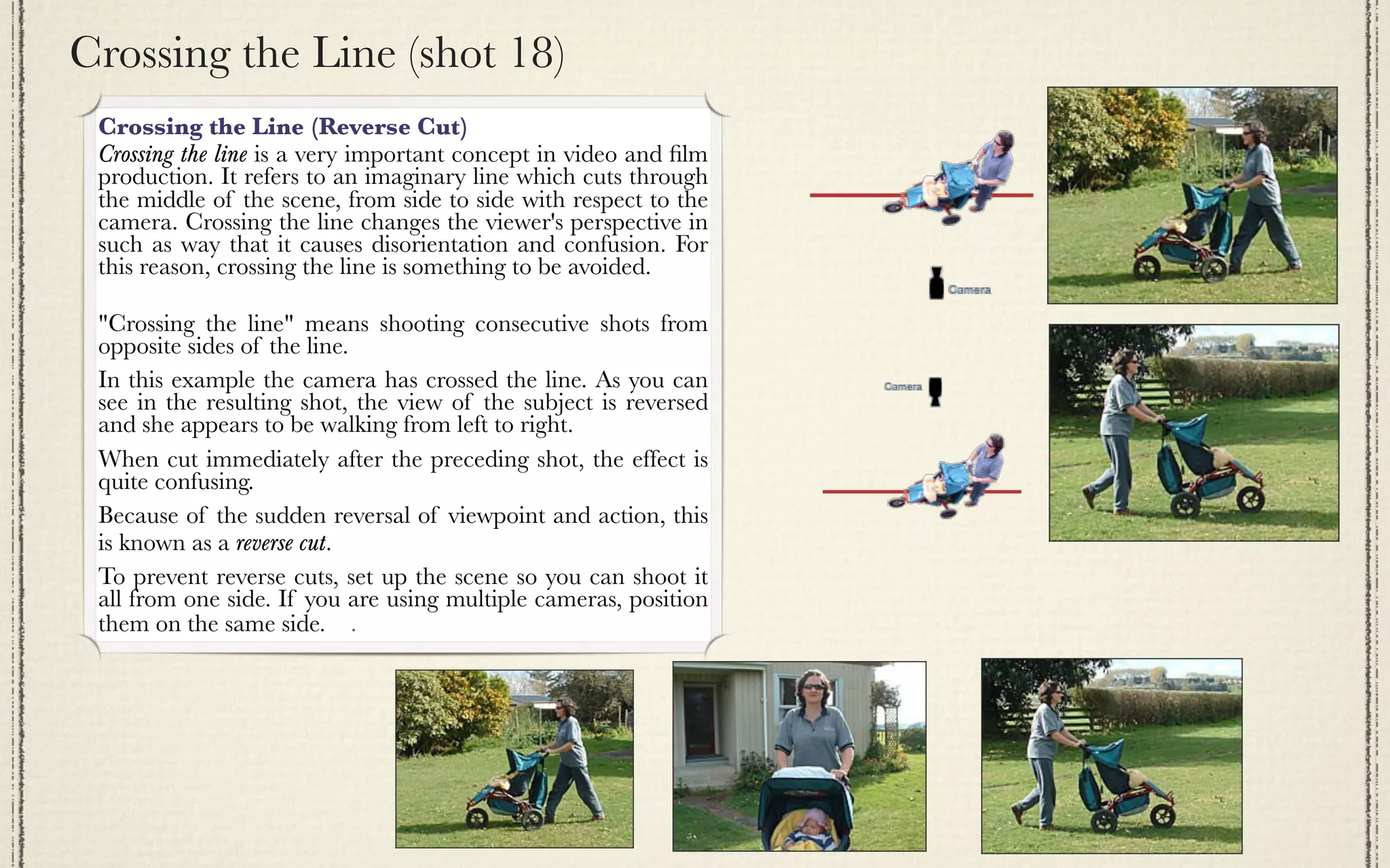 Crossing the Line (shot 18)
 Crossing the Line (Reverse Cut)
 Crossing the line is a very important concept in video and ﬁlm
 production. It refers to an imaginary line which cuts through
 the middle of the scene, from side to side with respect to the
 camera. Crossing the line changes the viewer's perspective in
 such as way that it causes disorientation and confusion. For
 this reason, crossing the line is something to be avoided.

 "Crossing the line" means shooting consecutive shots from
 opposite sides of the line.  
 In this example the camera has crossed the line. As you can
 see in the resulting shot, the view of the subject is reversed
 and she appears to be walking from left to right.
 When cut immediately after the preceding shot, the effect is
 quite confusing.
 Because of the sudden reversal of viewpoint and action, this
 is known as a reverse cut.
 To prevent reverse cuts, set up the scene so you can shoot it
 all from one side. If you are using multiple cameras, position
 them on the same side.    .
 