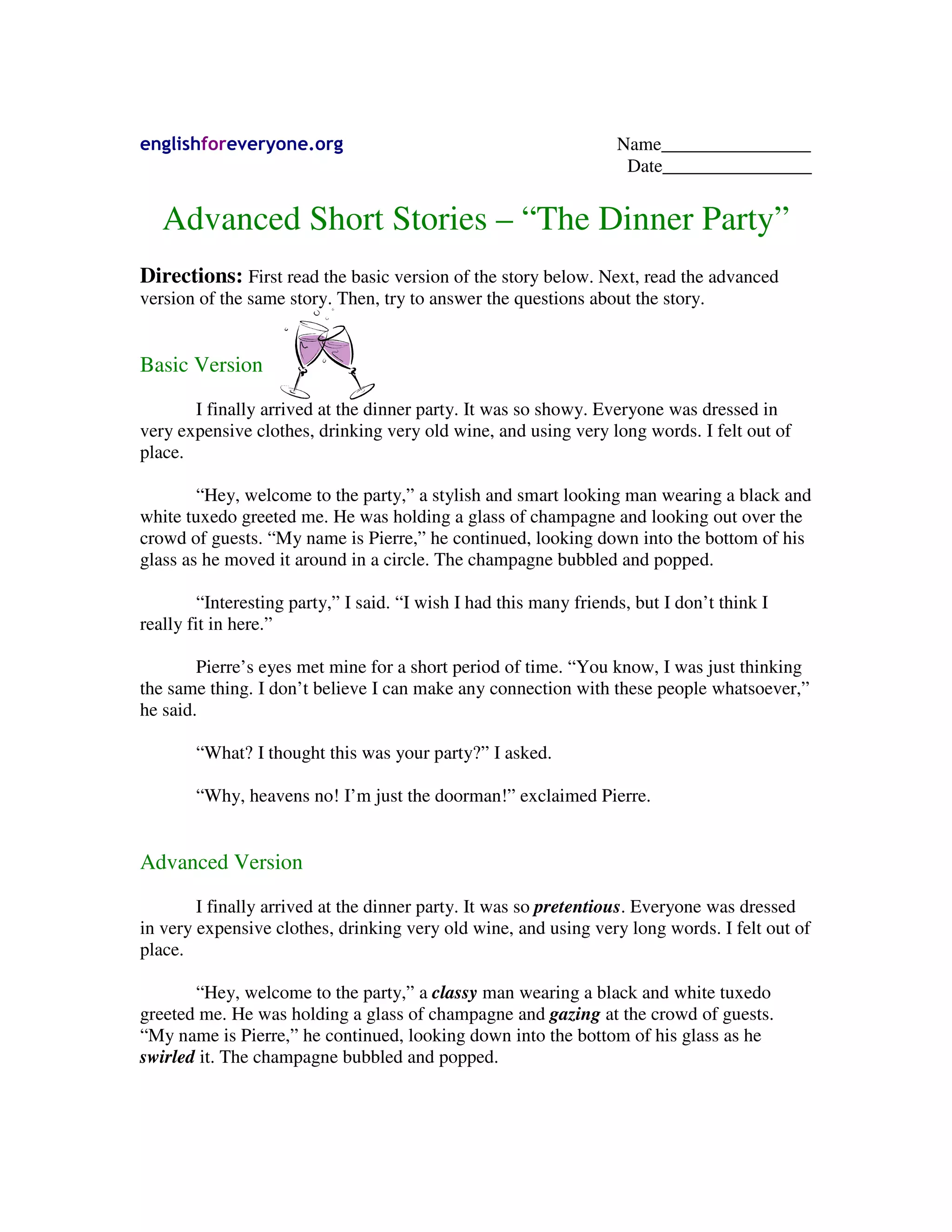 Advanced short stories with questions, the dinner party | PDF