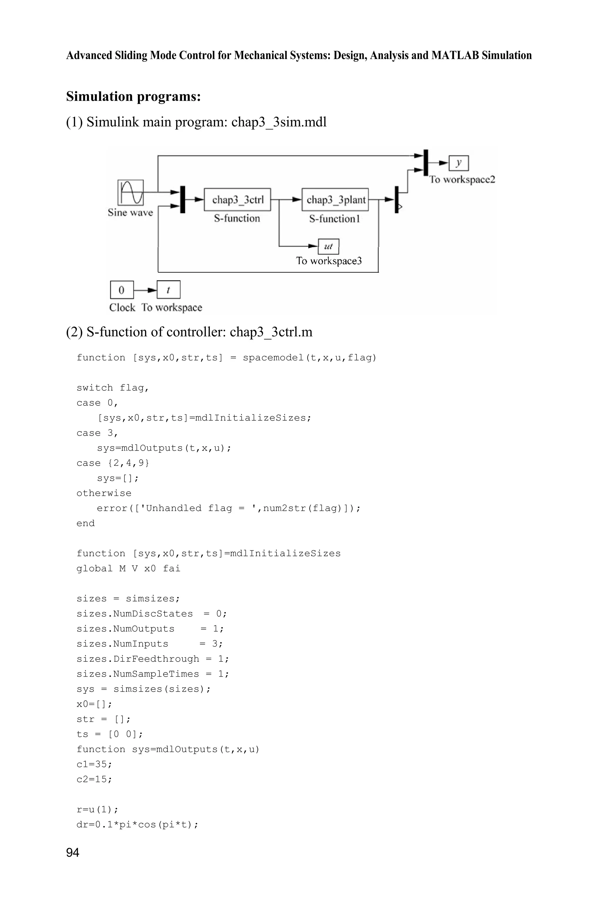 Advanced Sliding Mode Control for Mechanical Systems: Design, Analysis and MATLAB Simulation
94
Simulation programs:
(1) Simulink main program: chap3_3sim.mdl
(2) S-function of controller: chap3_3ctrl.m
function [sys,x0,str,ts] = spacemodel(t,x,u,flag)
switch flag,
case 0,
[sys,x0,str,ts]=mdlInitializeSizes;
case 3,
sys=mdlOutputs(t,x,u);
case {2,4,9}
sys=[];
otherwise
error(['Unhandled flag = ',num2str(flag)]);
end
function [sys,x0,str,ts]=mdlInitializeSizes
global M V x0 fai
sizes = simsizes;
sizes.NumDiscStates = 0;
sizes.NumOutputs = 1;
sizes.NumInputs = 3;
sizes.DirFeedthrough = 1;
sizes.NumSampleTimes = 1;
sys = simsizes(sizes);
x0=[];
str = [];
ts = [0 0];
function sys=mdlOutputs(t,x,u)
c1=35;
c2=15;
r=u(1);
dr=0.1*pi*cos(pi*t);
 
