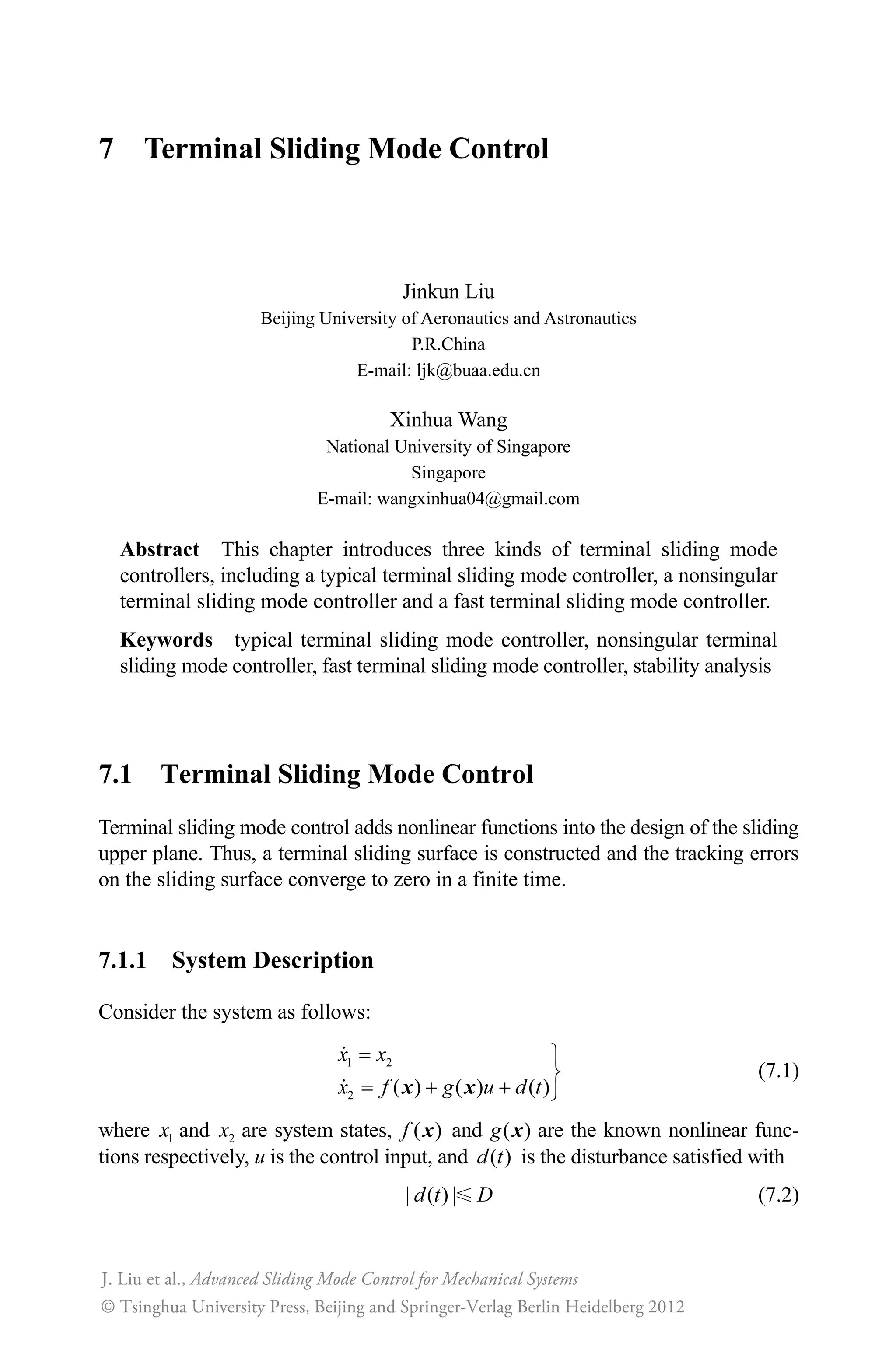Advanced Sliding Mode Control for Mechanical Systems: Design, Analysis and MATLAB Simulation
134
sizes.DirFeedthrough = 1;
sizes.NumSampleTimes = 0;
sys=simsizes(sizes);
x0=[0 0 0];
str=[];
ts=[];
function sys=mdlDerivatives(t,x,u)
x1=u(1);
x2=u(2);
thd=0.1*sin(t);
dthd=0.1*cos(t);
ddthd=-0.1*sin(t);
e=x1-thd;
de=x2-dthd;
c=10;
s=c*e+de;
gama1=150;gama2=150;gama3=150;
sys(1)=gama1*(0.5*s^2*x2*sec(x1)*tan(x1)+s*sec(x1)*(c*de-ddthd));
sys(2)=gama2*s*tan(x1);
sys(3)=gama3*(0.5*s^2*x2*sin(x1)-s*x2^2*sin(x1)-s*cos(x1)*(c*de-ddthd));
function sys=mdlOutputs(t,x,u)
sys(1)=x(1); %fai1
sys(2)=x(2); %fai2
sys(3)=x(3); %fai3
(5) Plot program: chap6_2plot.m
close all;
figure(1);
subplot(211);
plot(t,y(:,1),'k',t,y(:,2),'r:','linewidth',2);
xlabel('time(s)');ylabel('Position tracking');
legend('Ideal position signal','Position signal tracking');
subplot(212);
plot(t,y(:,1)-y(:,2),'r','linewidth',2);
xlabel('time(s)');ylabel('Position tracking error');
figure(2);
plot(t,ut(:,1),'r','linewidth',2);
xlabel('time(s)');ylabel('Control input');
figure(3);
subplot(311);
 