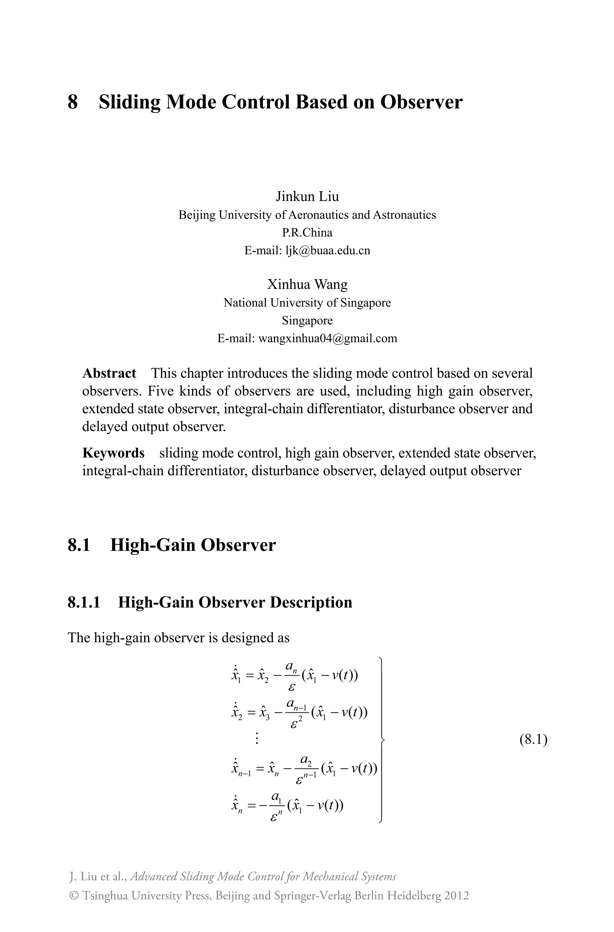 7 Terminal Sliding Mode Control
159
Figure 7.10 Position tracking
Figure 7.11 Control input
Simulation programs:
(1) Simulink main program: chap7_3sim.mdl
(2) S-function of controller: chap7_3ctrl.m
function [sys,x0,str,ts]=s_function(t,x,u,flag)
switch flag,
case 0,
 