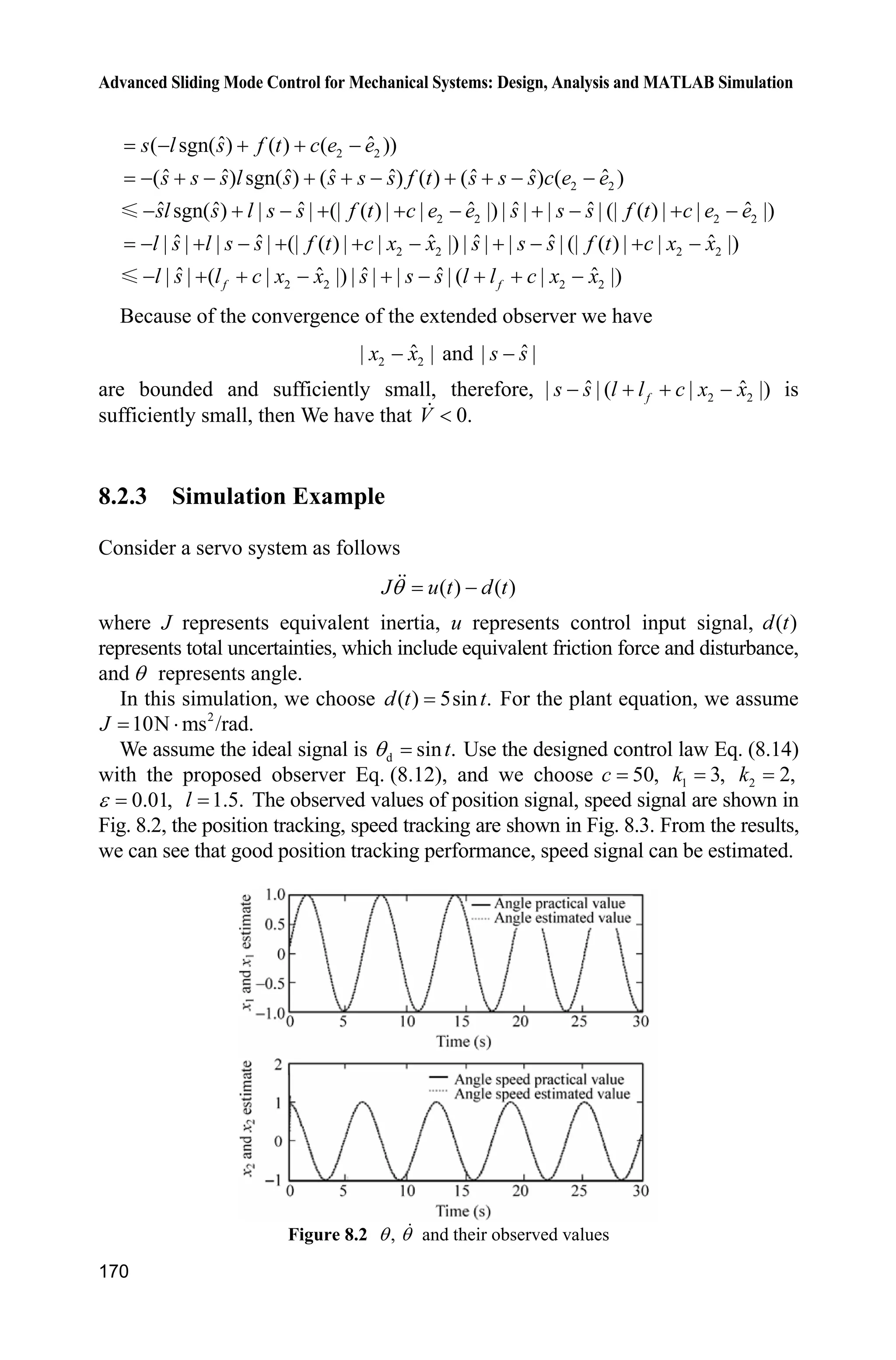 Advanced Sliding Mode Control for Mechanical Systems: Design, Analysis and MATLAB Simulation
166
velocity of K is. || ||K is ( ),O H and with H decreasing, the observing error
converges to zero.
8.1.3 Simulation Example
Consider the second-order system as follow:
1 2
2 225 133 ( )
x x
x x u d t  
where 2( ) sgn( ),d t x 1x is the measurement signal.
Use the designed observer Eq. (8.3), and we choose 1 6,D 2 9,D 0.01.H
The observed values of 1x and 2x are shown in Fig. 8.1.
Figure 8.1 States x1, x2 and their observed values
Simulation programs:
(1) Main Simulink: chap8_1sim.mdl
 