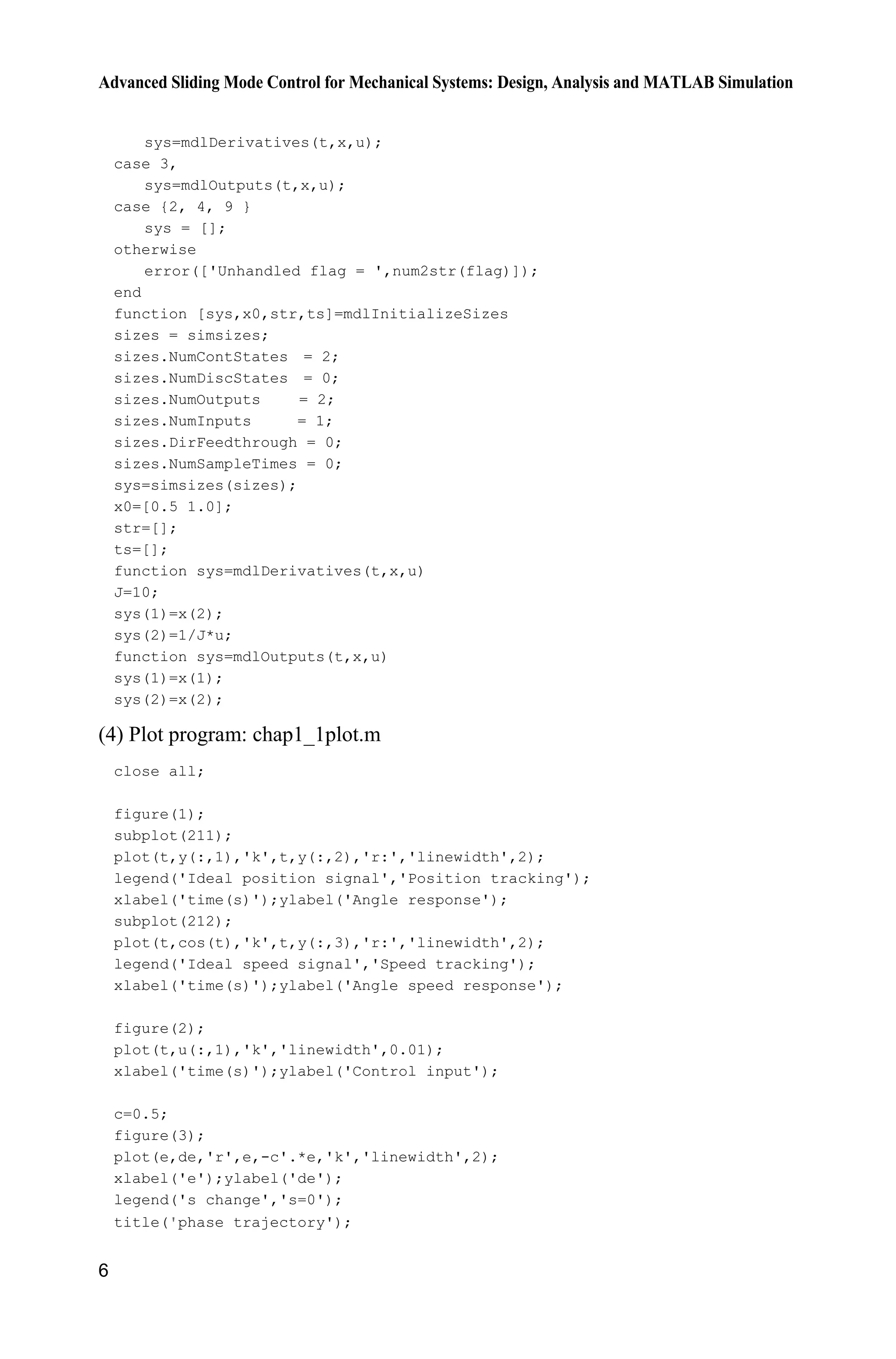 Advanced Sliding Mode Control for Mechanical Systems: Design, Analysis and MATLAB Simulation
6
sys=mdlDerivatives(t,x,u);
case 3,
sys=mdlOutputs(t,x,u);
case {2, 4, 9 }
sys = [];
otherwise
error(['Unhandled flag = ',num2str(flag)]);
end
function [sys,x0,str,ts]=mdlInitializeSizes
sizes = simsizes;
sizes.NumContStates = 2;
sizes.NumDiscStates = 0;
sizes.NumOutputs = 2;
sizes.NumInputs = 1;
sizes.DirFeedthrough = 0;
sizes.NumSampleTimes = 0;
sys=simsizes(sizes);
x0=[0.5 1.0];
str=[];
ts=[];
function sys=mdlDerivatives(t,x,u)
J=10;
sys(1)=x(2);
sys(2)=1/J*u;
function sys=mdlOutputs(t,x,u)
sys(1)=x(1);
sys(2)=x(2);
(4) Plot program: chap1_1plot.m
close all;
figure(1);
subplot(211);
plot(t,y(:,1),'k',t,y(:,2),'r:','linewidth',2);
legend('Ideal position signal','Position tracking');
xlabel('time(s)');ylabel('Angle response');
subplot(212);
plot(t,cos(t),'k',t,y(:,3),'r:','linewidth',2);
legend('Ideal speed signal','Speed tracking');
xlabel('time(s)');ylabel('Angle speed response');
figure(2);
plot(t,u(:,1),'k','linewidth',0.01);
xlabel('time(s)');ylabel('Control input');
c=0.5;
figure(3);
plot(e,de,'r',e,-c'.*e,'k','linewidth',2);
xlabel('e');ylabel('de');
legend('s change','s=0');
title( phase trajectory');
 