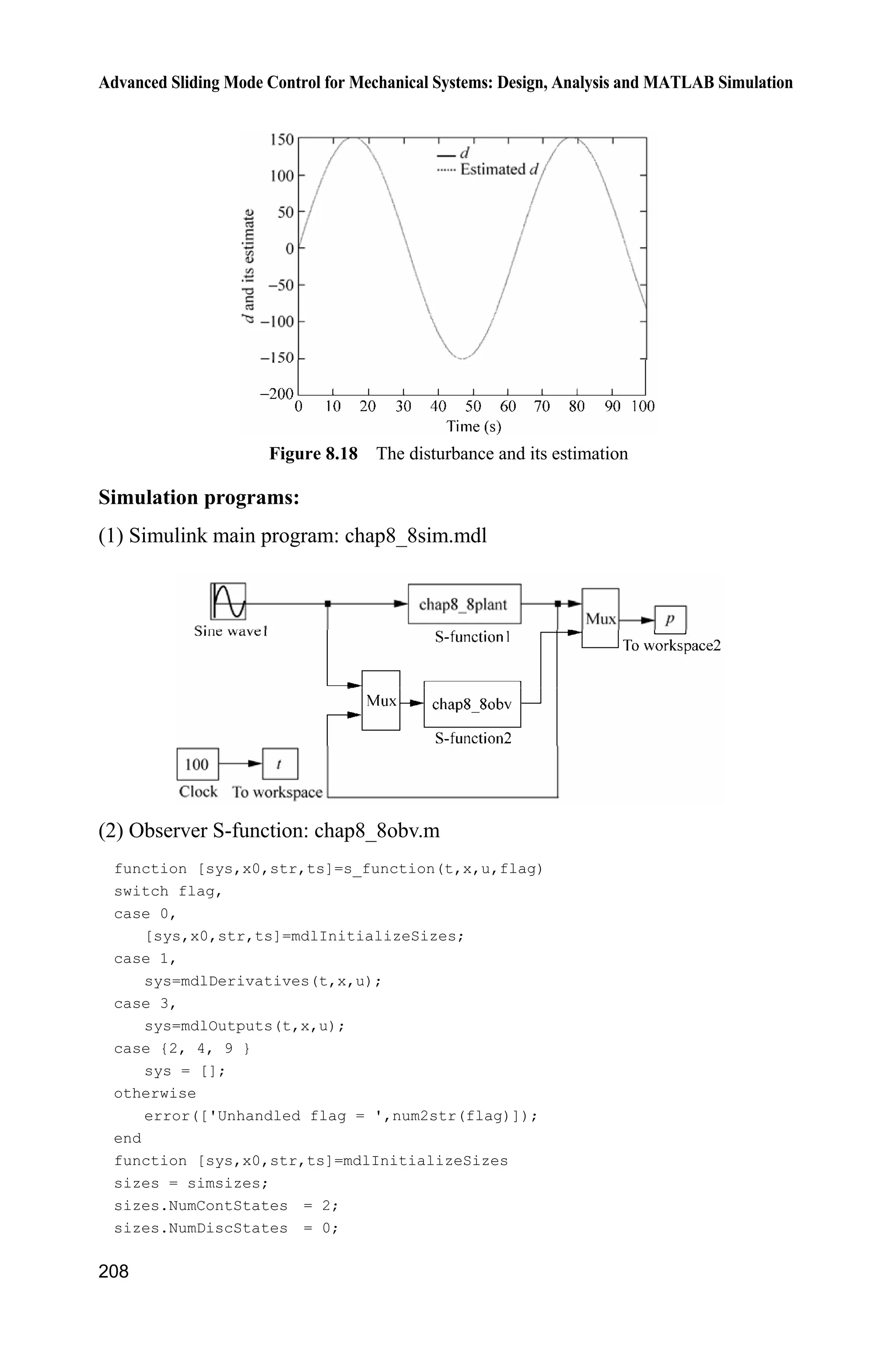 Advanced Sliding Mode Control for Mechanical Systems: Design, Analysis and MATLAB Simulation
204
fx=g*sin(x1p)-m*l*x2p^2*cos(x1p)*sin(x1p)/(mc+m);
fxp=fx/S;
gx=cos(x1p)/(mc+m);
gxp=gx/S;
%ut=1/gxp*(-fxp+ddyd-c*e2p-l*sign(sp));
l=0.20;
ut=1/gxp*(-fxp+ddyd-c*e2p-l*sat);
sys(1)=ut;
sys(2)=gxp*ut;
(3) TD differentiator program: chap8_7td.m
function [sys,x0,str,ts] = Differentiator(t,x,u,flag)
switch flag,
case 0,
[sys,x0,str,ts]=mdlInitializeSizes;
case 1,
sys=mdlDerivatives(t,x,u);
case 3,
sys=mdlOutputs(t,x,u);
case {2, 4, 9 }
sys = [];
otherwise
error(['Unhandled flag = ',num2str(flag)]);
end
function [sys,x0,str,ts]=mdlInitializeSizes
sizes = simsizes;
sizes.NumContStates = 3;
sizes.NumDiscStates = 0;
sizes.NumOutputs = 3;
sizes.NumInputs = 1;
sizes.DirFeedthrough = 1;
sizes.NumSampleTimes = 1;
sys = simsizes(sizes);
x0 = [0 0 0];
str = [];
ts = [0 0];
function sys=mdlDerivatives(t,x,u)
vt=u(1);
epc=0.01;
alfa1=1;alfa2=3;alfa3=3;
e=x(1)-vt;
sys(1)=x(2);
sys(2)=x(3);
sys(3)=-alfa1/epc^3*e-alfa2/epc^2*x(2)-alfa3/epc*x(3);
 