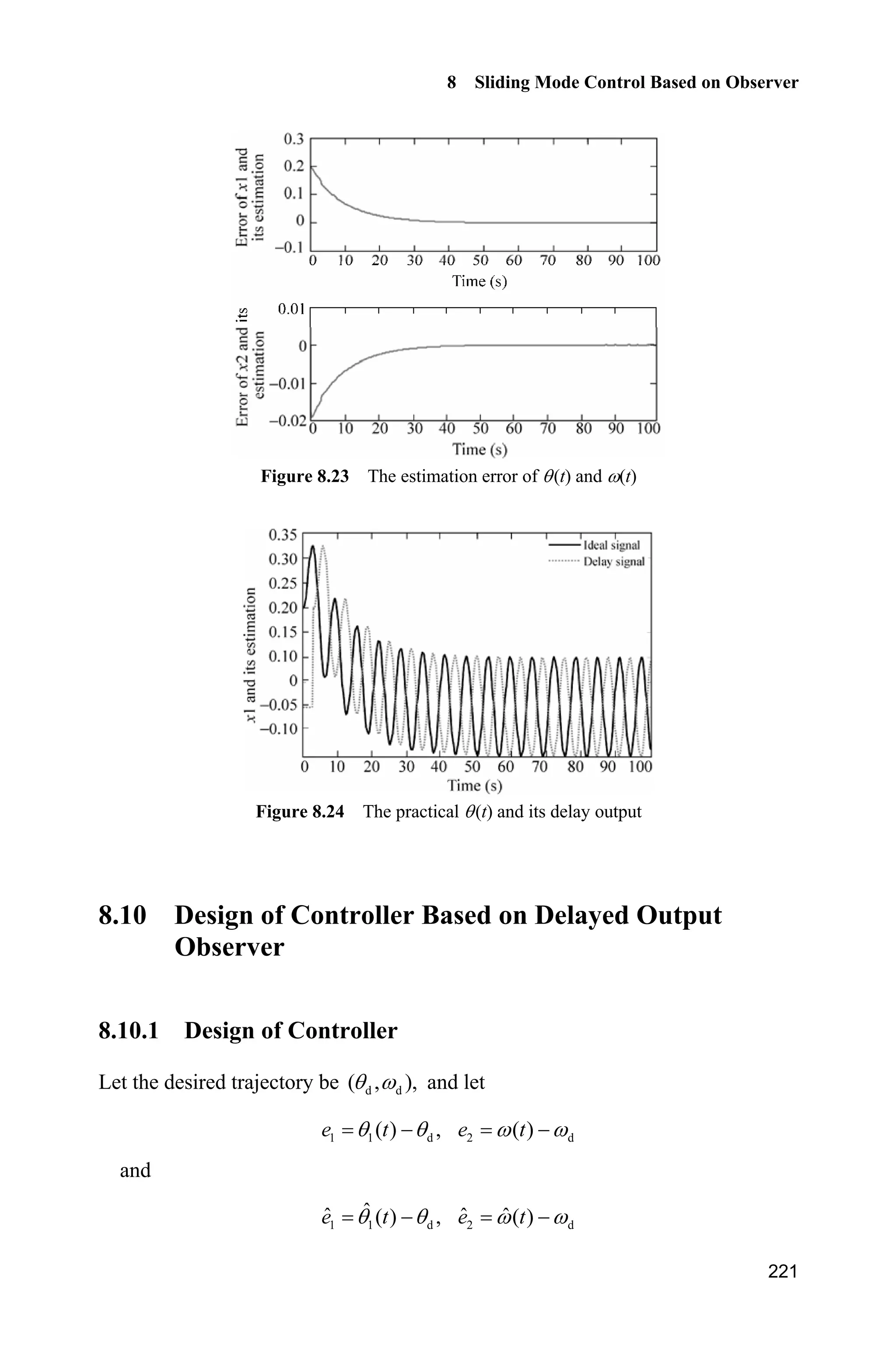 8 Sliding Mode Control Based on Observer
217
sys(2)=ddth;
function sys=mdlOutputs(t,x,u)
d=100*sin(0.5*t);
sys(1)=x(1);
sys(2)=x(2);
sys(3)=d;
(5) plot program: chap8_9plot.m
close all;
figure(1);
subplot(211);
plot(t,y(:,1),'k',t,y(:,2),'r:','linewidth',2);
legend('ideal position','tracking position');
subplot(212);
plot(t,cos(t),'k',t,y(:,3),'r:','linewidth',2);
legend('ideal speed','tracking speed');
figure(2);
subplot(211);
plot(t,p(:,3),'k',t,p(:,4),'r:','linewidth',2);
xlabel('time(s)');ylabel('d and its estimate');
legend('d','Estimate d');
subplot(212);
plot(t,p(:,3)-p(:,4),'r','linewidth',2);
xlabel('time(s)');ylabel('error between d and its estimate');
legend('Estimate error of d');
figure(3);
plot(t,ut(:,1),'r','linewidth',2);
xlabel('time(s)');ylabel('Control input');
8.9 Delayed Output Observer
8.9.1 System Description
Consider a second order transfer function as
2
1
( )
10 1
G s
s s 
(8.65)
The system (8.65) can be described as
10 u
T Z
Z T T  
(8.66)
 