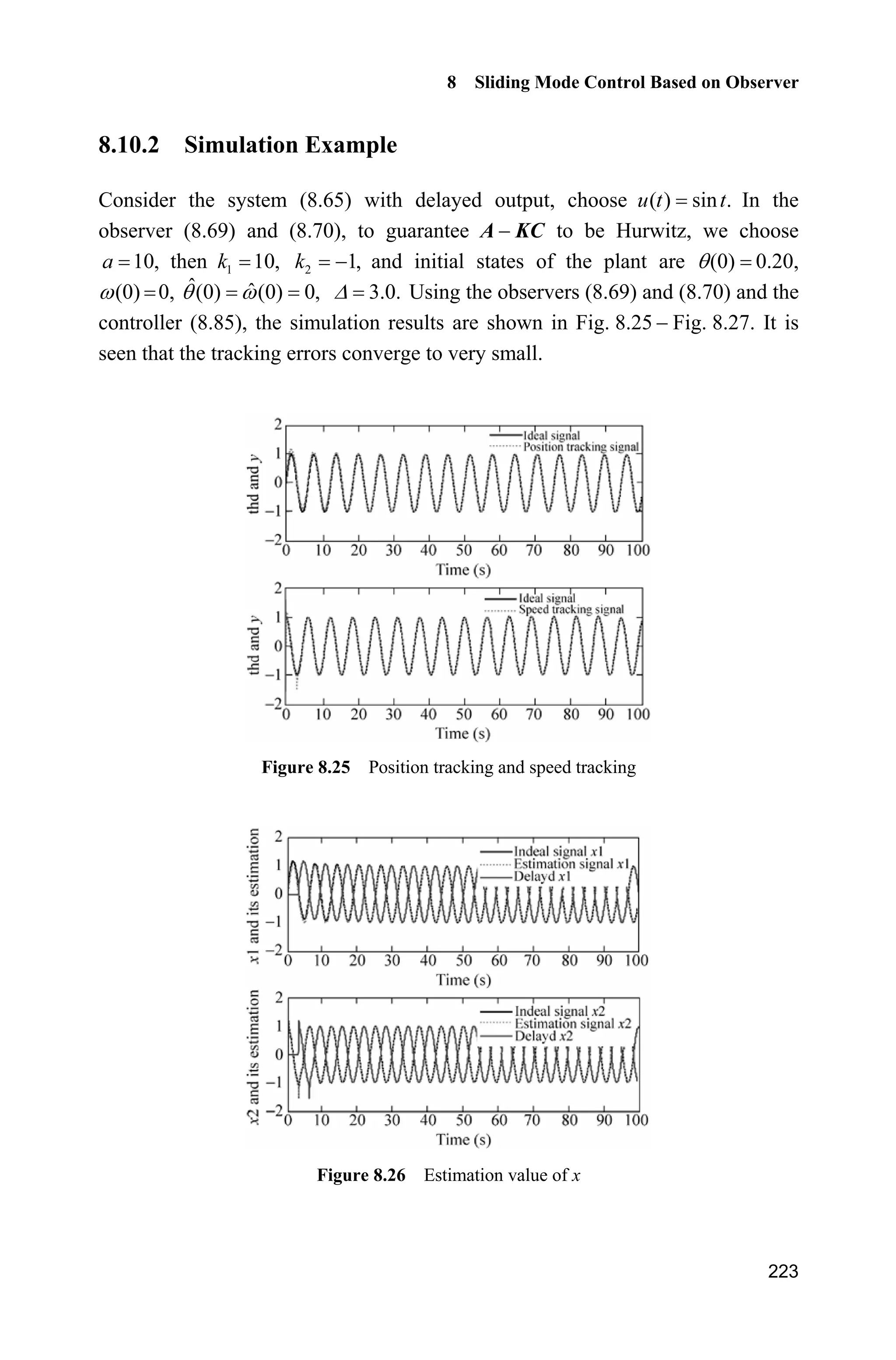 8 Sliding Mode Control Based on Observer
219
( ) ( ) ( )t t u t' ' '   z Az H (8.72)
From Eqs. (8.67) and (8.71), we get
ˆ( ) ( ) ( )t z t z tG ' ' '    (8.73)
Therefore, from Eqs. (8.70) and (8.73), we get
( ) ( ) ( )t A KC tG ' G '   (8.74)
The solution of Eq. (8.74) is
0( )( )
0( ) ( )e A KC t t
t tG ' G '  
  (8.75)
where 0t is the initial time.
We select K such that A KC is Hurwitz. From Eq. (8.75), there exist positive
constants O and l such that
  