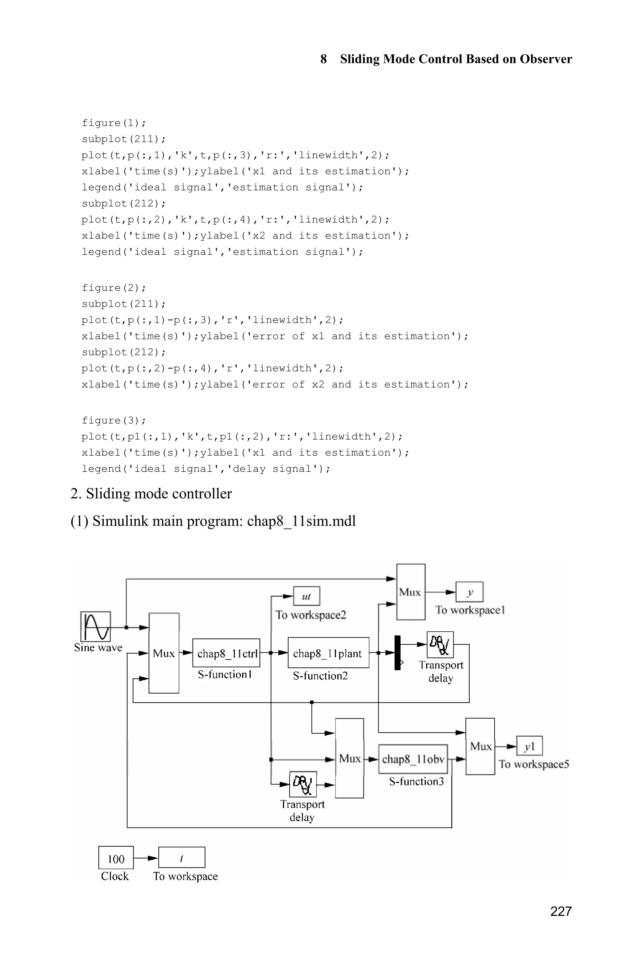 Advanced Sliding Mode Control for Mechanical Systems: Design, Analysis and MATLAB Simulation
220
From Eq. (8.77) in lemma 1 and Eq. (8.81), we can get
( ) e ( )A
t t'
G G ' (8.82)
Therefore, from Eqs. (8.76) and (8.82), we have
0( )
0|| ( ) || || e |||| ( ) || || e |||| ( ) || e t tA A
t t l t O' '
G G ' G '  
  (8.83)
This concludes the proof.
8.9.4 Simulation Example
Consider the system (8.65) with delayed output, choose ( ) sin .u t t
We select K to make A KC Hurwitz. Since
1 1
22
10 1
[1 0]
1 101 10
k k
kk
ª º ª ºª º
  « » « »« »    ¬ ¼ ¬ ¼¬ ¼
A KC
according to | ( ) | 0,O  I A KC we can get 1
2
1
0,
1 10
k
k
O
O
 
 
that is
2
1 2 1( 10) 1 10 0.k k kO O     From 2
( ) 0aO  and 0,a ! we can get
2 2
2 0,a aO O  then we can choose 1 10 2 ,k a 2
2 11 10 .k k a 
To guarantee A KC to be Hurwitz, we can choose 10,a then 1 10,k
2 1,k  and initial states of the plant and the observers (8.69) and (8.70) are
T (0) 0.20, Z(0) 0, ˆ ˆ(0) (0) 0,T Z 3.0.' The simulation results are
shown in Fig. 8.22  Fig. 8.24. It is seen that the observer errors asymptotically
converge to zero.
Figure 8.22 The estimation of T(t) and Z(t)
 