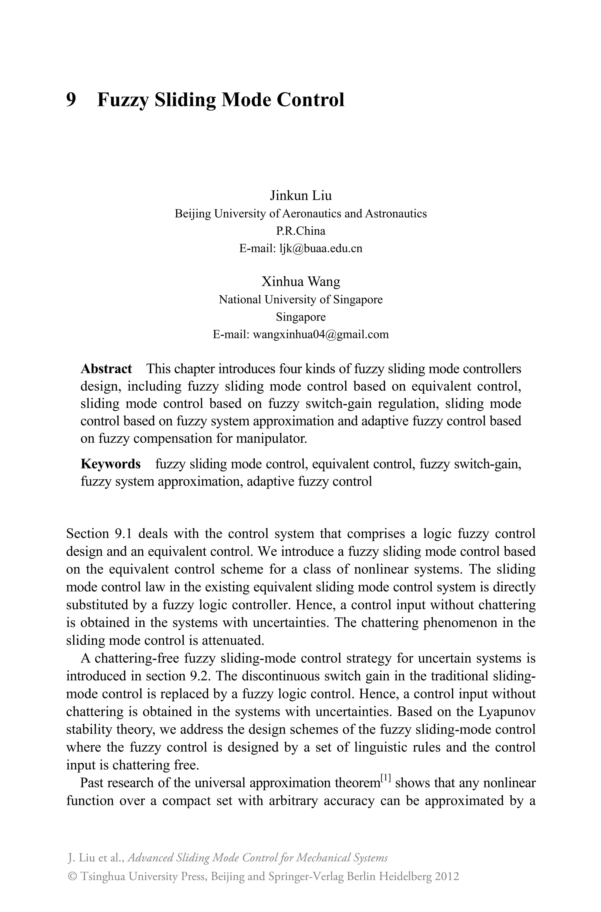 Advanced Sliding Mode Control for Mechanical Systems: Design, Analysis and MATLAB Simulation
226
sys(i+2)=dz3_tol(i);
end
function sys=mdlOutputs(t,x,u)
thp=x(1);wp=x(2);
thp_tol=x(3);wp_tol=x(4);
sys(1)=thp;
sys(2)=wp;
sys(3)=thp_tol;
sys(4)=wp_tol;
(3) S-function of plant: chap8_10plant.m
function [sys,x0,str,ts]=s_function(t,x,u,flag)
switch flag,
case 0,
[sys,x0,str,ts]=mdlInitializeSizes;
case 1,
sys=mdlDerivatives(t,x,u);
case 3,
sys=mdlOutputs(t,x,u);
case {2, 4, 9 }
sys = [];
otherwise
error(['Unhandled flag = ',num2str(flag)]);
end
function [sys,x0,str,ts]=mdlInitializeSizes
sizes = simsizes;
sizes.NumContStates = 2;
sizes.NumDiscStates = 0;
sizes.NumOutputs = 2;
sizes.NumInputs =1;
sizes.DirFeedthrough = 1;
sizes.NumSampleTimes = 1;
sys=simsizes(sizes);
x0=[0.2 0];
str=[];
ts=[-1 0];
function sys=mdlDerivatives(t,x,u)
sys(1)=x(2);
sys(2)=-10*x(2)-x(1)+u(1);
function sys=mdlOutputs(t,x,u)
th=x(1);w=x(2);
sys(1)=th;
sys(2)=w;
(4) S-function of plot: chap8_10plot.m
close all;
 