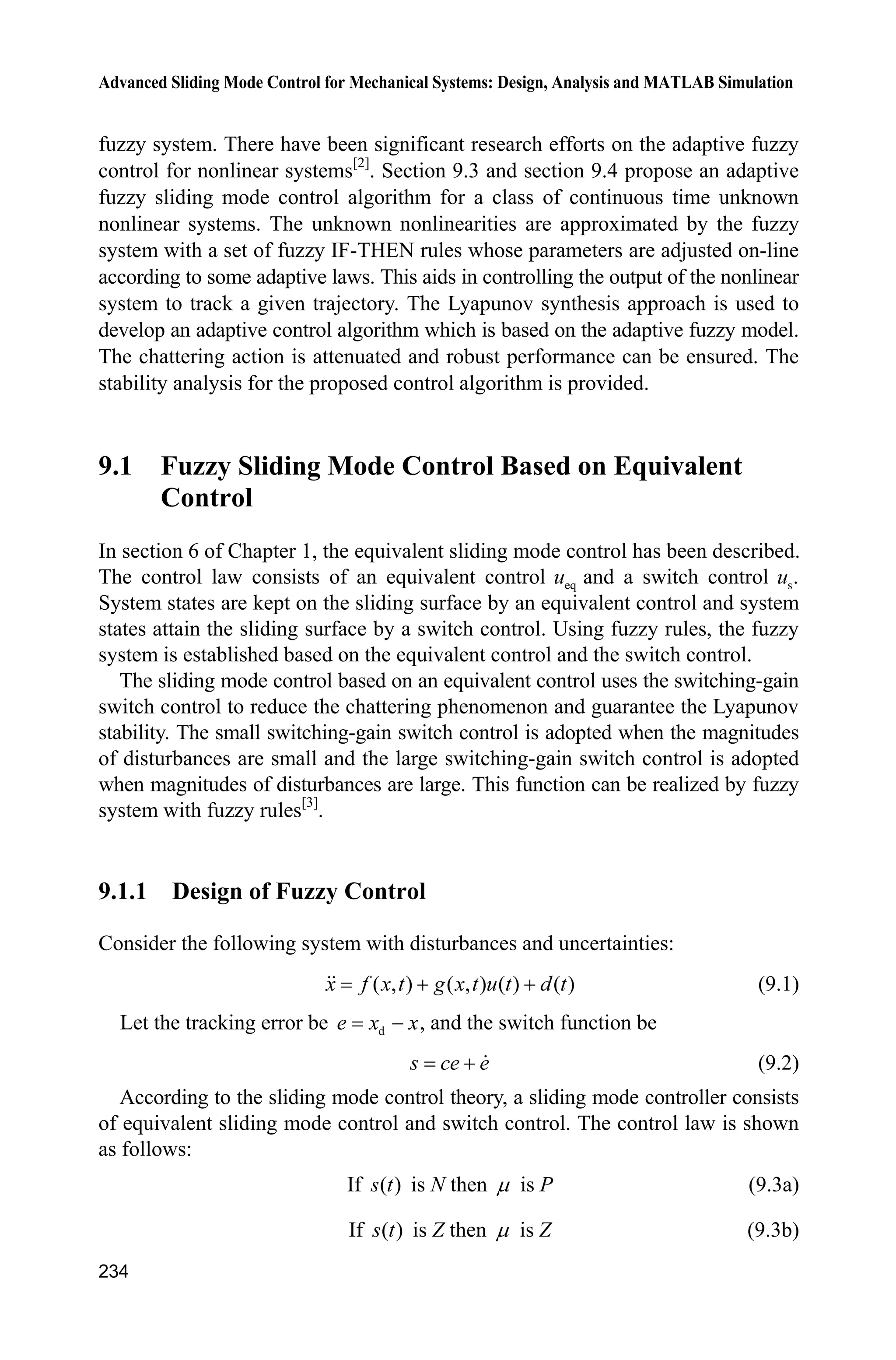 8 Sliding Mode Control Based on Observer
227
figure(1);
subplot(211);
plot(t,p(:,1),'k',t,p(:,3),'r:','linewidth',2);
xlabel('time(s)');ylabel('x1 and its estimation');
legend('ideal signal','estimation signal');
subplot(212);
plot(t,p(:,2),'k',t,p(:,4),'r:','linewidth',2);
xlabel('time(s)');ylabel('x2 and its estimation');
legend('ideal signal','estimation signal');
figure(2);
subplot(211);
plot(t,p(:,1)-p(:,3),'r','linewidth',2);
xlabel('time(s)');ylabel('error of x1 and its estimation');
subplot(212);
plot(t,p(:,2)-p(:,4),'r','linewidth',2);
xlabel('time(s)');ylabel('error of x2 and its estimation');
figure(3);
plot(t,p1(:,1),'k',t,p1(:,2),'r:','linewidth',2);
xlabel('time(s)');ylabel('x1 and its estimation');
legend('ideal signal','delay signal');
2. Sliding mode controller
(1) Simulink main program: chap8_11sim.mdl
 