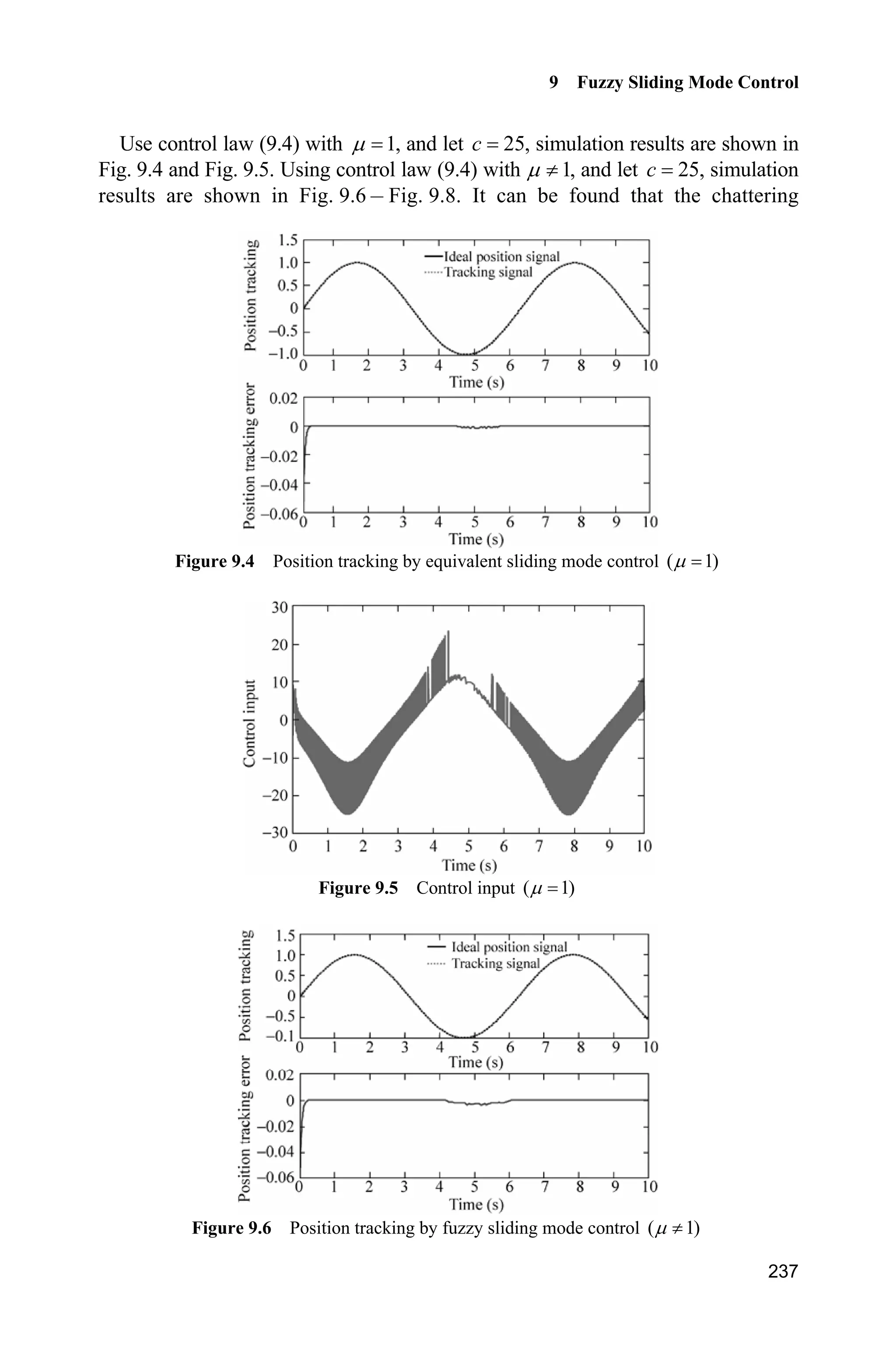 Advanced Sliding Mode Control for Mechanical Systems: Design, Analysis and MATLAB Simulation
230
H3=[0;1];
k1=10;k2=-1;
K=[k1 k2]';
z3=[thp wp]';
%%%%%%%%%
E=[exp(-1*tol) 0;0 exp(-1*tol)];
dz3=A*z3+H3*ut+E*K*(y3p-C*z3_tol);
dz3_tol=A*z3_tol+H3*ut_tol+K*(y3p-C*z3_tol);
for i=1:2
sys(i)=dz3(i);
sys(i+2)=dz3_tol(i);
end
function sys=mdlOutputs(t,x,u)
thp=x(1);wp=x(2);
thp_tol=x(3);wp_tol=x(4);
sys(1)=thp;
sys(2)=wp;
sys(3)=thp_tol;
sys(4)=wp_tol;
(4) S-function of plant: chap8_11plant.m
function [sys,x0,str,ts]=s_function(t,x,u,flag)
switch flag,
case 0,
[sys,x0,str,ts]=mdlInitializeSizes;
case 1,
sys=mdlDerivatives(t,x,u);
case 3,
sys=mdlOutputs(t,x,u);
case {2, 4, 9 }
sys = [];
otherwise
error(['Unhandled flag = ',num2str(flag)]);
end
function [sys,x0,str,ts]=mdlInitializeSizes
sizes = simsizes;
sizes.NumContStates = 2;
sizes.NumDiscStates = 0;
sizes.NumOutputs = 2;
sizes.NumInputs =1;
sizes.DirFeedthrough = 1;
sizes.NumSampleTimes = 1;
sys=simsizes(sizes);
x0=[0.2 0];
 