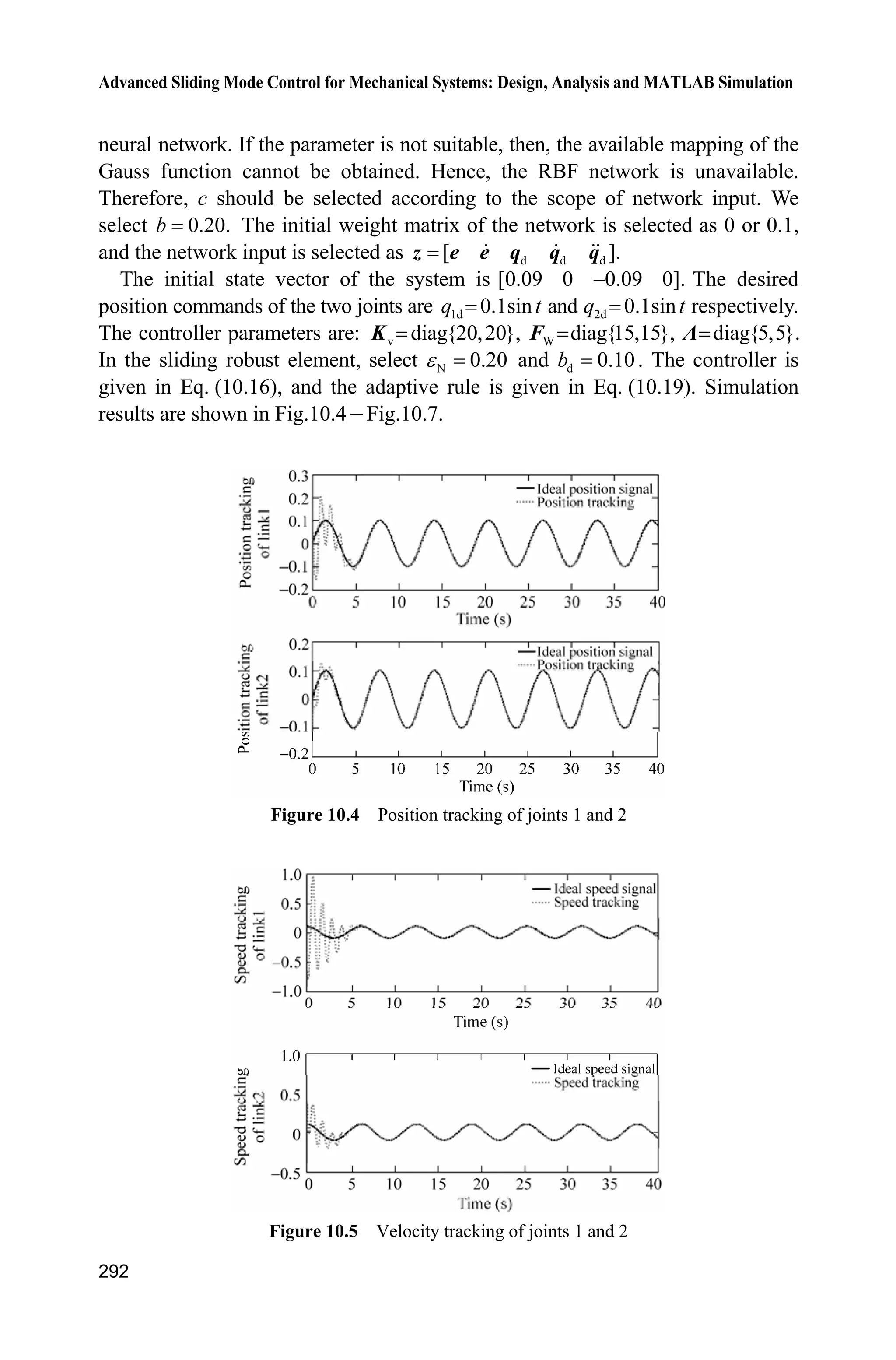 Advanced Sliding Mode Control for Mechanical Systems: Design, Analysis and MATLAB Simulation
272
1y x
where f and g are the known nonlinear function, n
x R , u R, y R, ( )d t
is the unknown disturbance, | ( ) | ,d t D ( , ) 0.g t !x
9.5.2 Design of Adaptive Fuzzy Sliding Mode Controller
The switching function is defined as
( 1) ( 1)
1 2 1( )n n
ns k e k e k e e k 
      e (9.38)
where ( 1) T
d [ ] ,
  n
e e ee x x 1 2 1, , , nk k k  is satisfied with Hurwitzian
stability condition.
The sliding mode controller is designed as
1
( ) ( )
d sw
1
1
( ) ( , )
( , )
n
i n
i
i
u t f t k e x u
g t

§ ·
   ¨ ¸
© ¹
¦x
x
(9.39)
where sw sgn( ),u sK .DK !
From Eqs. (9.37) and (9.38), we get
  