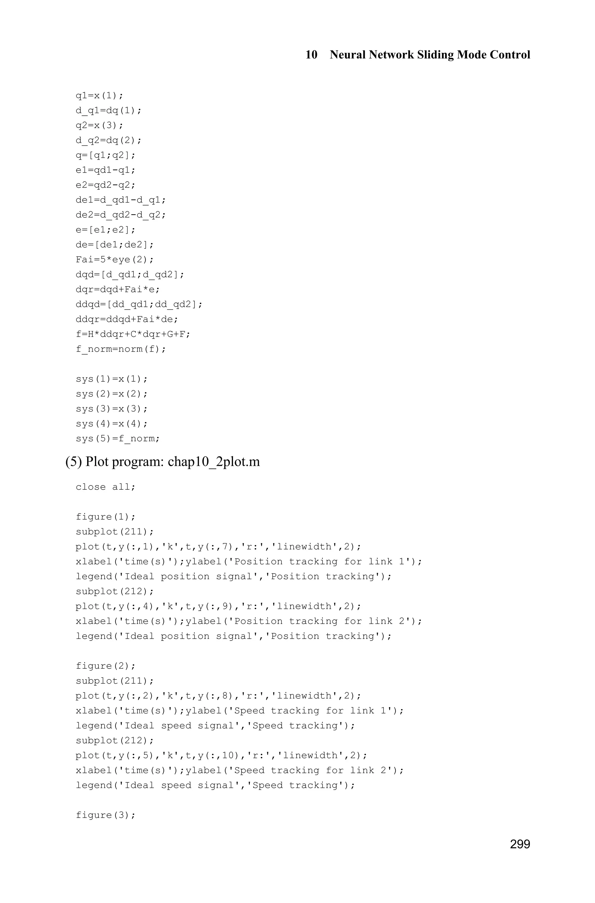 Advanced Sliding Mode Control for Mechanical Systems: Design, Analysis and MATLAB Simulation
278
gs=5*(s+3);
uh(1)=1/(1+exp(gs));
uh(2)=exp(-s^2);
gs=5*(s-3);
uh(3)=1/(1+exp(gs));
%%%%%%%%%%%%%%%%%%%%%%%%%%%%%%%%%
fsu=uh;
for i=1:1:3
fsd=fsd+uh(i);
end
fs=fsu/(fsd+0.001);
h=thtah'*fs';
%%%%%%%%%%%%%%%%%%%%%%%%%%%%%%%%%%%
g=9.8;mc=1.0;m=0.1;l=0.5;
S=l*(4/3-m*(cos(x1))^2/(mc+m));
fx=g*sin(x1)-m*l*x2^2*cos(x1)*sin(x1)/(mc+m);
fx=fx/S;
gx=cos(x1)/(mc+m);
gx=gx/S;
%%%%%%%%%%%%%%%%%%%%%%%%%%%%%%%%%%%
ut=1/gx*(-fx+ddxd-1*h+k1*de);
xite=10+0.01;
sys(1)=ut;
sys(2)=xite*sign(s);
sys(3)=h;
(3) S-function of the plant: chap9_5plant.m
function [sys,x0,str,ts]=s_function(t,x,u,flag)
switch flag,
case 0,
[sys,x0,str,ts]=mdlInitializeSizes;
case 1,
sys=mdlDerivatives(t,x,u);
case 3,
sys=mdlOutputs(t,x,u);
case {2, 4, 9 }
sys = [];
otherwise
error(['Unhandled flag = ',num2str(flag)]);
end
function [sys,x0,str,ts]=mdlInitializeSizes
sizes = simsizes;
sizes.NumContStates = 2;
sizes.NumDiscStates = 0;
sizes.NumOutputs = 1;
sizes.NumInputs = 1;
sizes.DirFeedthrough = 0;
sizes.NumSampleTimes = 0;
 