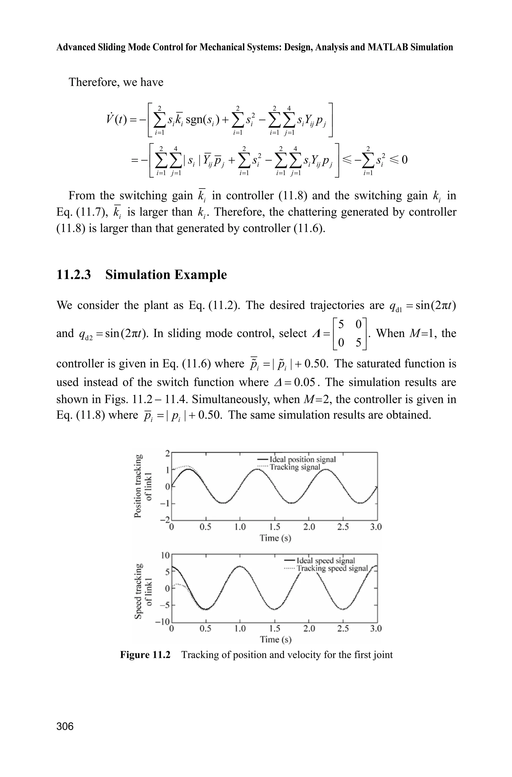 10 Neural Network Sliding Mode Control
285
Figure 10.3 ( )f x and ˆ( )f x
Simulation programs:
(1) Main Simulink program: chap10_1sim.mdl
(2) Control law program: chap10_1ctrl.m
function [sys,x0,str,ts] = spacemodel(t,x,u,flag)
switch flag,
case 0,
[sys,x0,str,ts]=mdlInitializeSizes;
case 1,
sys=mdlDerivatives(t,x,u);
case 3,
sys=mdlOutputs(t,x,u);
case {2,4,9}
sys=[];
otherwise
error(['Unhandled flag = ',num2str(flag)]);
end
function [sys,x0,str,ts]=mdlInitializeSizes
global c b n
sizes = simsizes;
 