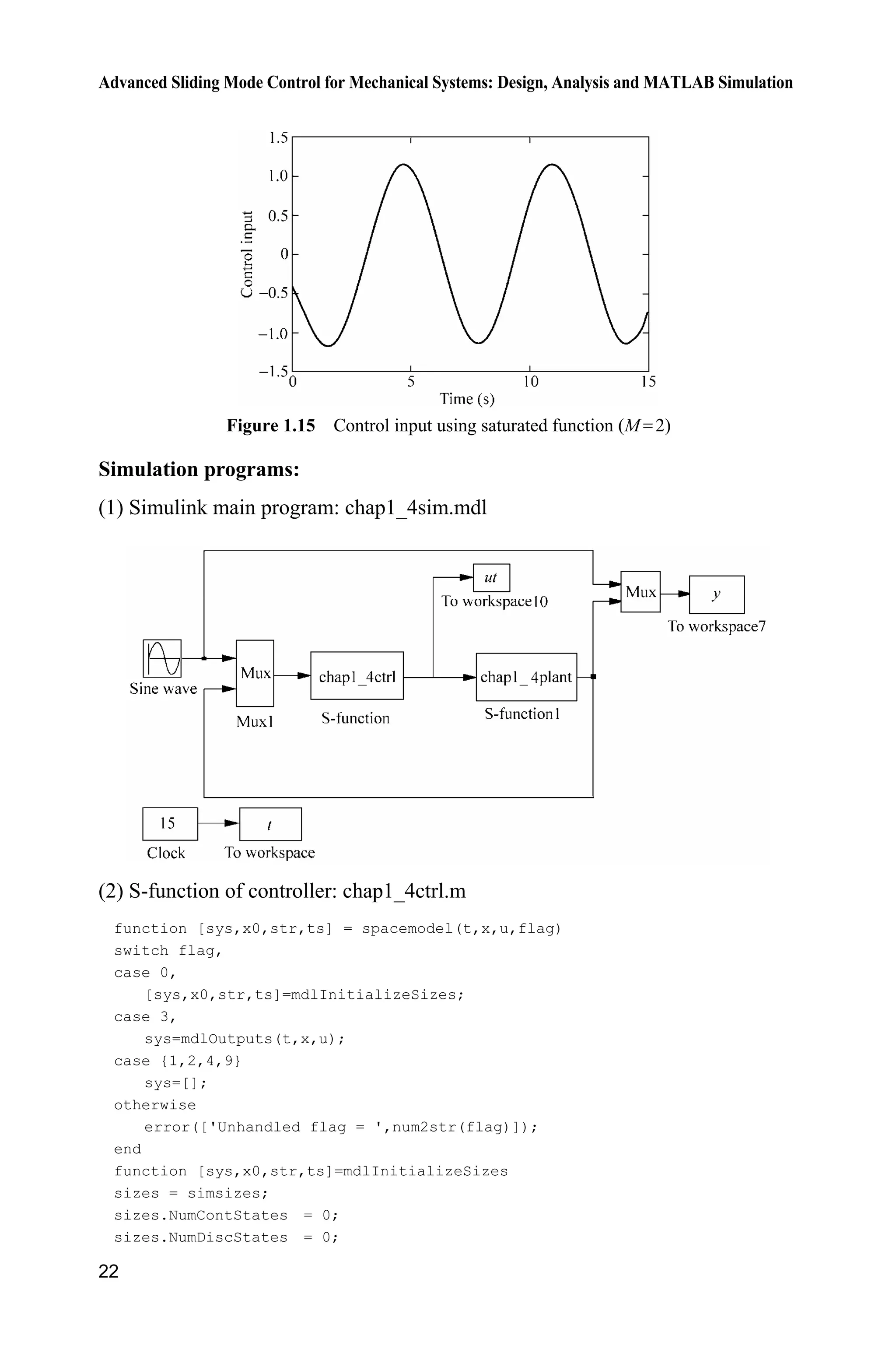 Advanced Sliding Mode Control for Mechanical Systems: Design, Analysis and MATLAB Simulation
22
Figure 1.15 Control input using saturated function (M 2)
Simulation programs:
(1) Simulink main program: chap1_4sim.mdl
(2) S-function of controller: chap1_4ctrl.m
function [sys,x0,str,ts] = spacemodel(t,x,u,flag)
switch flag,
case 0,
[sys,x0,str,ts]=mdlInitializeSizes;
case 3,
sys=mdlOutputs(t,x,u);
case {1,2,4,9}
sys=[];
otherwise
error(['Unhandled flag = ',num2str(flag)]);
end
function [sys,x0,str,ts]=mdlInitializeSizes
sizes = simsizes;
sizes.NumContStates = 0;
sizes.NumDiscStates = 0;
 