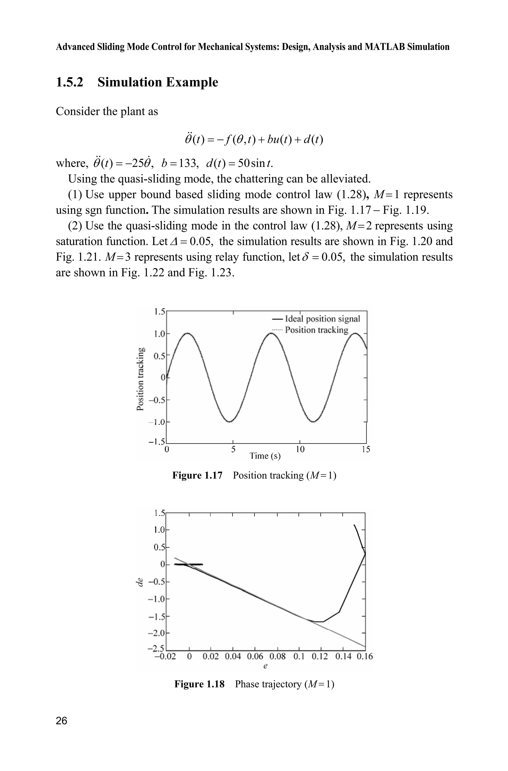 Advanced Sliding Mode Control for Mechanical Systems: Design, Analysis and MATLAB Simulation
26
1.5.2 Simulation Example
Consider the plant as
( ) ( , ) ( ) ( )t f t bu t d tT T  
where, ( ) 25 ,tT T 133,b ( ) 50sin .d t t
Using the quasi-sliding mode, the chattering can be alleviated.
(1) Use upper bound based sliding mode control law (1.28), M 1 represents
using sgn function. The simulation results are shown in Fig. 1.17  Fig. 1.19.
(2) Use the quasi-sliding mode in the control law (1.28), M 2 represents using
saturation function. Let 0.05,' the simulation results are shown in Fig. 1.20 and
Fig. 1.21. M 3 represents using relay function, let 0.05,G the simulation results
are shown in Fig. 1.22 and Fig. 1.23.
Figure 1.17 Position tracking (M 1)
Figure 1.18 Phase trajectory (M 1)
 