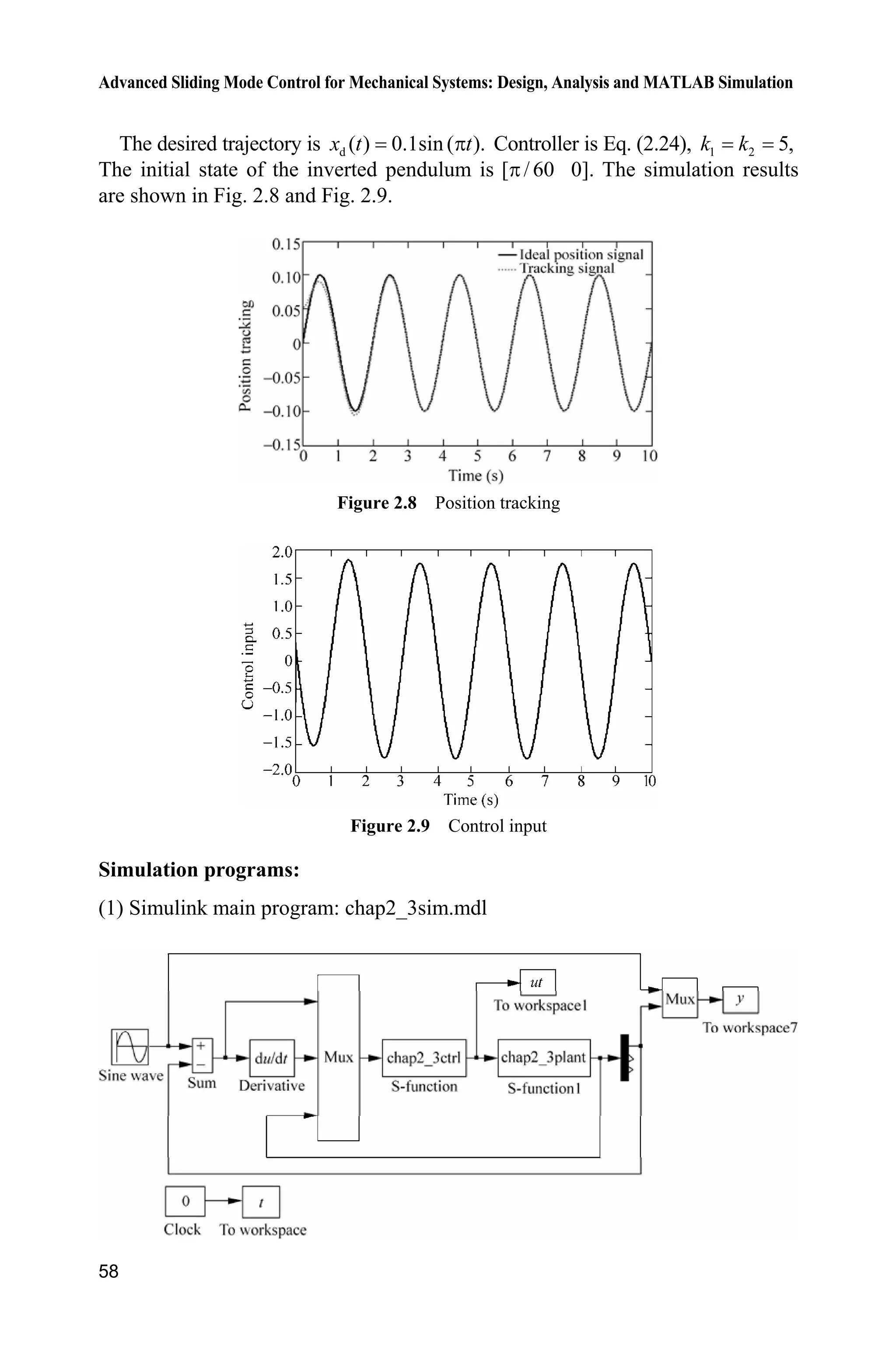 Advanced Sliding Mode Control for Mechanical Systems: Design, Analysis and MATLAB Simulation
58
The desired trajectory is d ( ) 0.1sin ( ).x t tS Controller is Eq. (2.24), 1 2 5,k k
The initial state of the inverted pendulum is [ / 60 0].S The simulation results
are shown in Fig. 2.8 and Fig. 2.9.
Figure 2.8 Position tracking
Figure 2.9 Control input
Simulation programs:
(1) Simulink main program: chap2_3sim.mdl
 