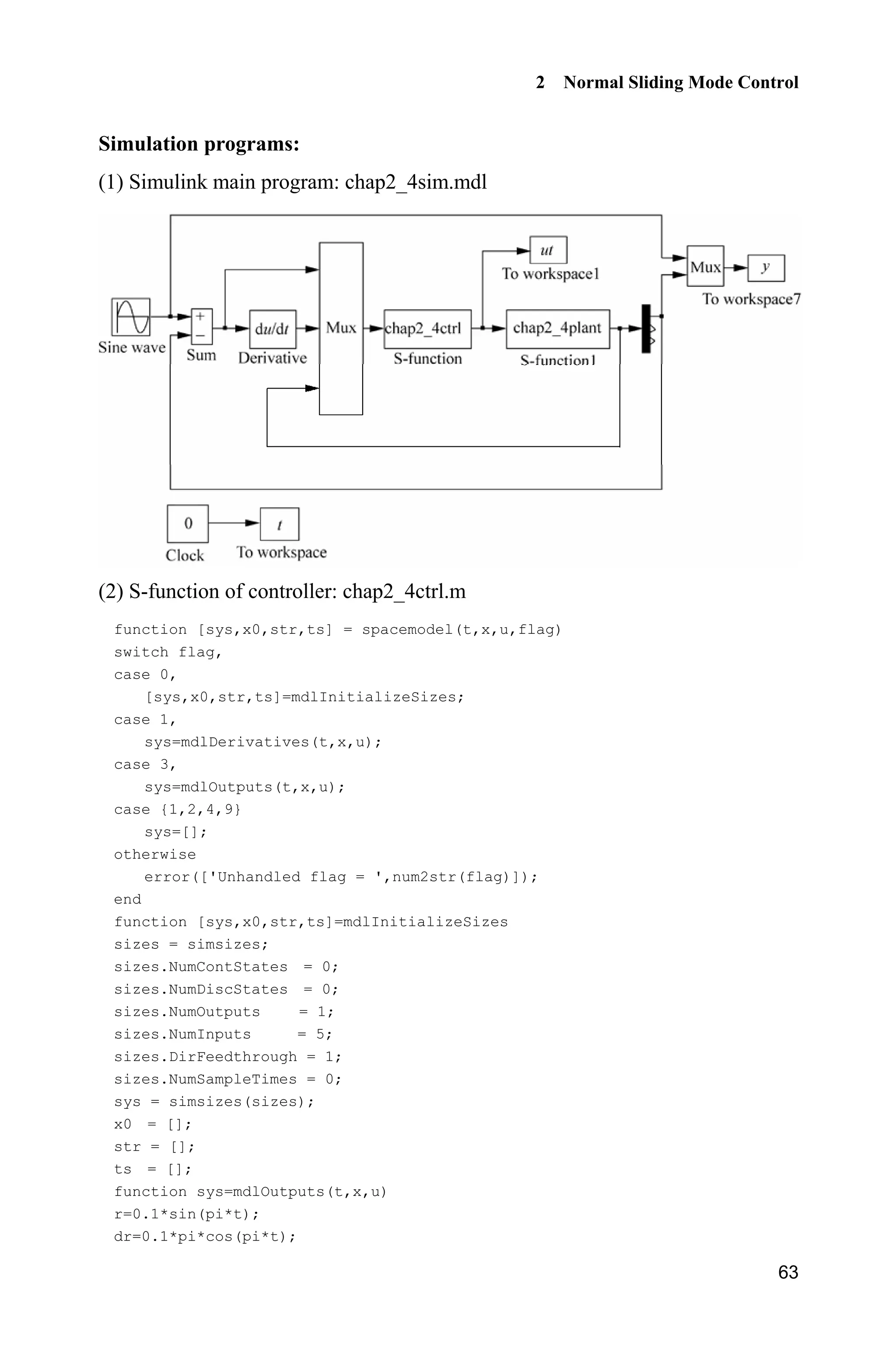 2 Normal Sliding Mode Control
63
Simulation programs:
(1) Simulink main program: chap2_4sim.mdl
(2) S-function of controller: chap2_4ctrl.m
function [sys,x0,str,ts] = spacemodel(t,x,u,flag)
switch flag,
case 0,
[sys,x0,str,ts]=mdlInitializeSizes;
case 1,
sys=mdlDerivatives(t,x,u);
case 3,
sys=mdlOutputs(t,x,u);
case {1,2,4,9}
sys=[];
otherwise
error(['Unhandled flag = ',num2str(flag)]);
end
function [sys,x0,str,ts]=mdlInitializeSizes
sizes = simsizes;
sizes.NumContStates = 0;
sizes.NumDiscStates = 0;
sizes.NumOutputs = 1;
sizes.NumInputs = 5;
sizes.DirFeedthrough = 1;
sizes.NumSampleTimes = 0;
sys = simsizes(sizes);
x0 = [];
str = [];
ts = [];
function sys=mdlOutputs(t,x,u)
r=0.1*sin(pi*t);
dr=0.1*pi*cos(pi*t);
 