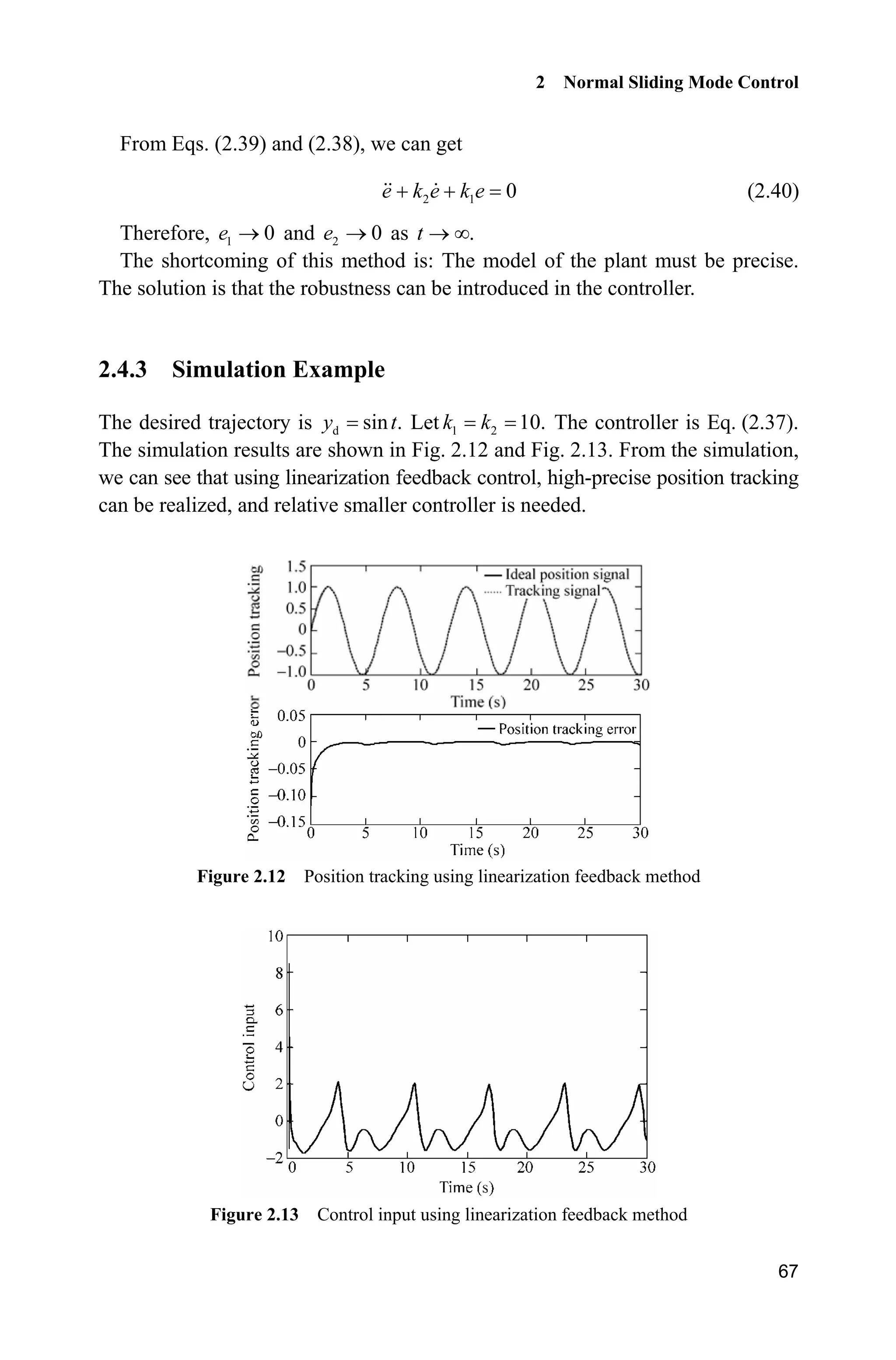 2 Normal Sliding Mode Control
67
From Eqs. (2.39) and (2.38), we can get
2 1 0e k e k e  (2.40)
Therefore, 1 0e o and 2 0e o as .t o f
The shortcoming of this method is: The model of the plant must be precise.
The solution is that the robustness can be introduced in the controller.
2.4.3 Simulation Example
The desired trajectory is d sin .y t Let 1 2 10.k k The controller is Eq. (2.37).
The simulation results are shown in Fig. 2.12 and Fig. 2.13. From the simulation,
we can see that using linearization feedback control, high-precise position tracking
can be realized, and relative smaller controller is needed.
Figure 2.12 Position tracking using linearization feedback method
Figure 2.13 Control input using linearization feedback method
 