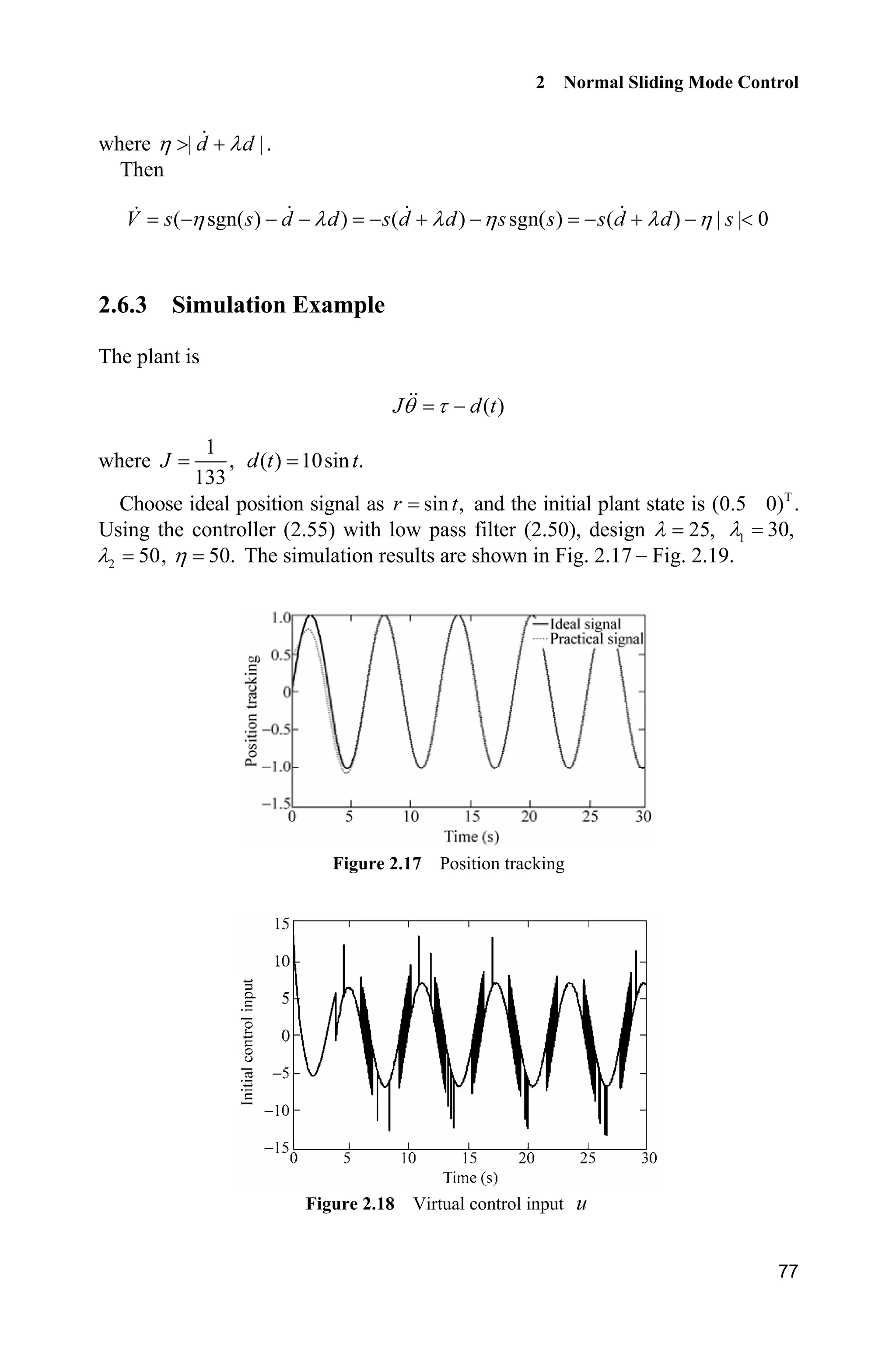 2 Normal Sliding Mode Control
77
where | |d dK O!  .
Then
( sgn( ) ) ( ) sgn( ) ( ) | | 0V s s d d s d d s s s d d sK O O K O K         
2.6.3 Simulation Example
The plant is
( )J d tT W 
where
1
,
133
J ( ) 10sin .d t t
Choose ideal position signal as sin ,r t and the initial plant state is T
(0.5 0) .
Using the controller (2.55) with low pass filter (2.50), design 25,O 1 30,O
2 50O , 50.K The simulation results are shown in Fig. 2.17  Fig. 2.19.
Figure 2.17 Position tracking
Figure 2.18 Virtual control input u
 